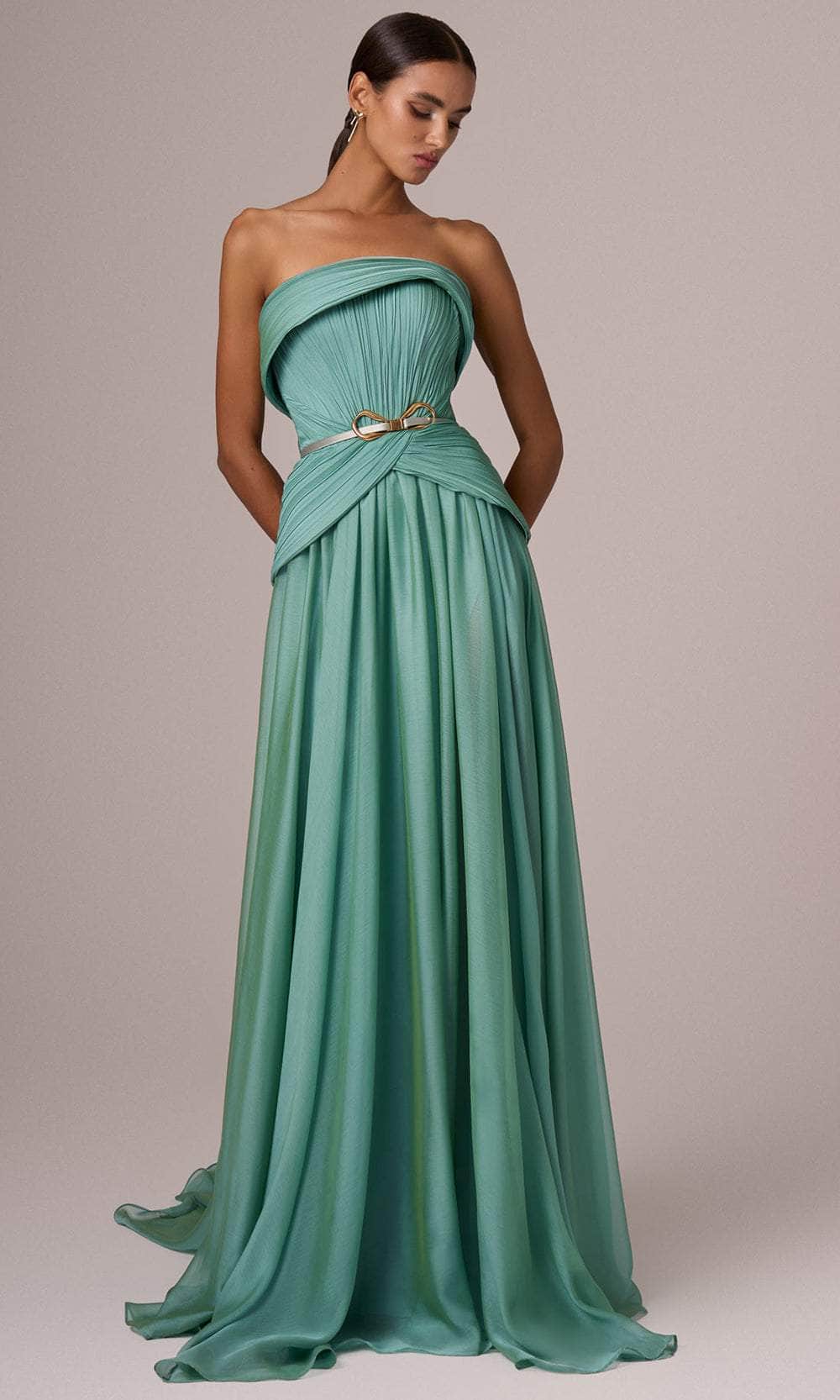 MNM Couture E0082 - Straight Across Belted Long Gown Evening Dresses