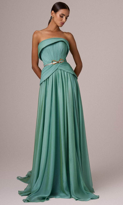 MNM Couture E0082 - Straight Across Belted Long Gown Evening Dresses