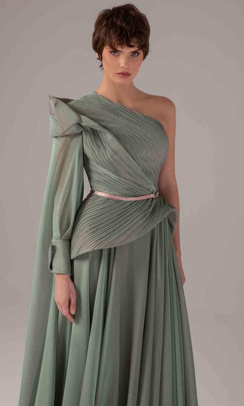 MNM Couture E0097 - Ruched A-Line Gown with Cape Sleeve Mother of the Bride Dresses