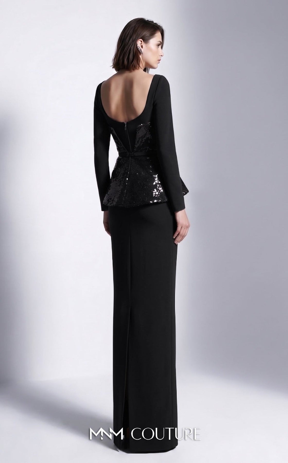 MNM COUTURE E0141 - Long Sleeve High Slit Evening Gown with Belt
