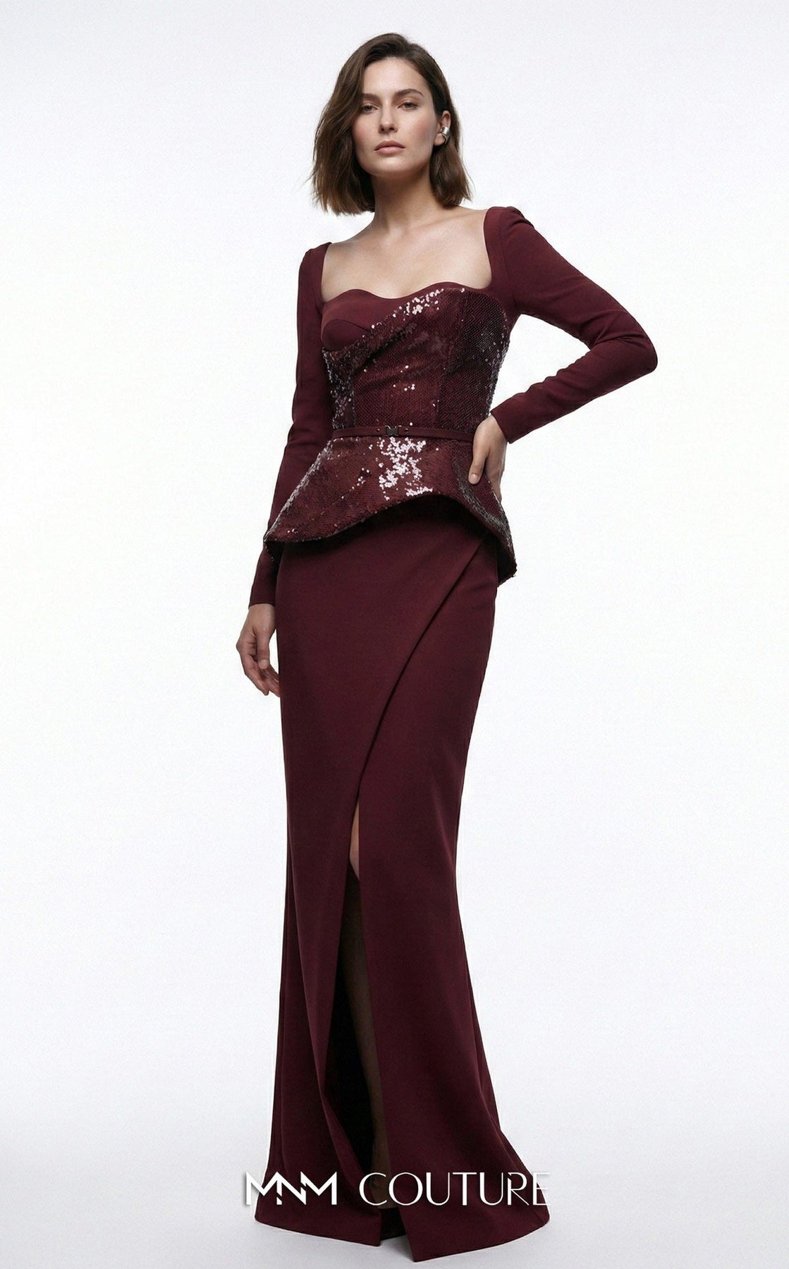 MNM COUTURE E0141 - Long Sleeve High Slit Evening Gown with Belt