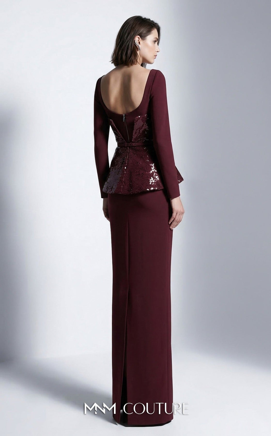 MNM COUTURE E0141 - Long Sleeve High Slit Evening Gown with Belt
