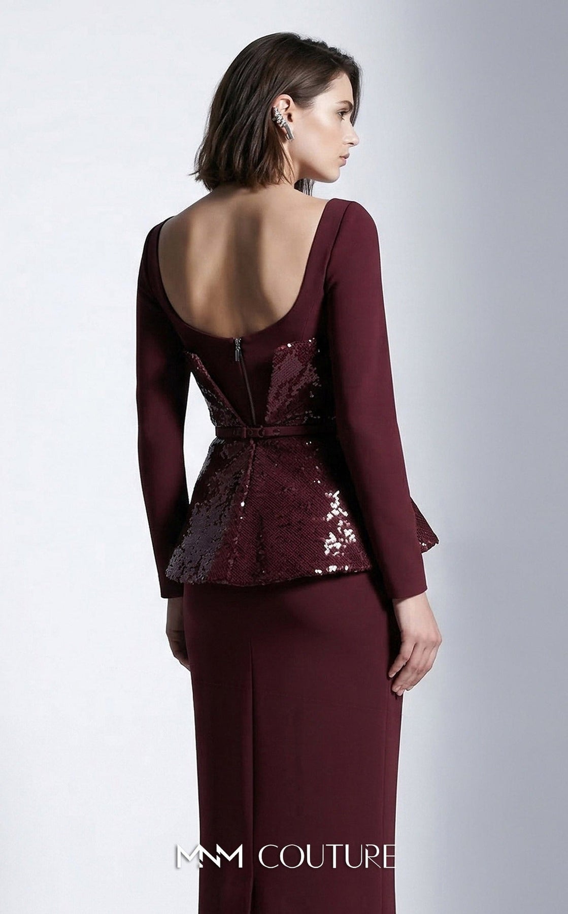MNM COUTURE E0141 - Long Sleeve High Slit Evening Gown with Belt
