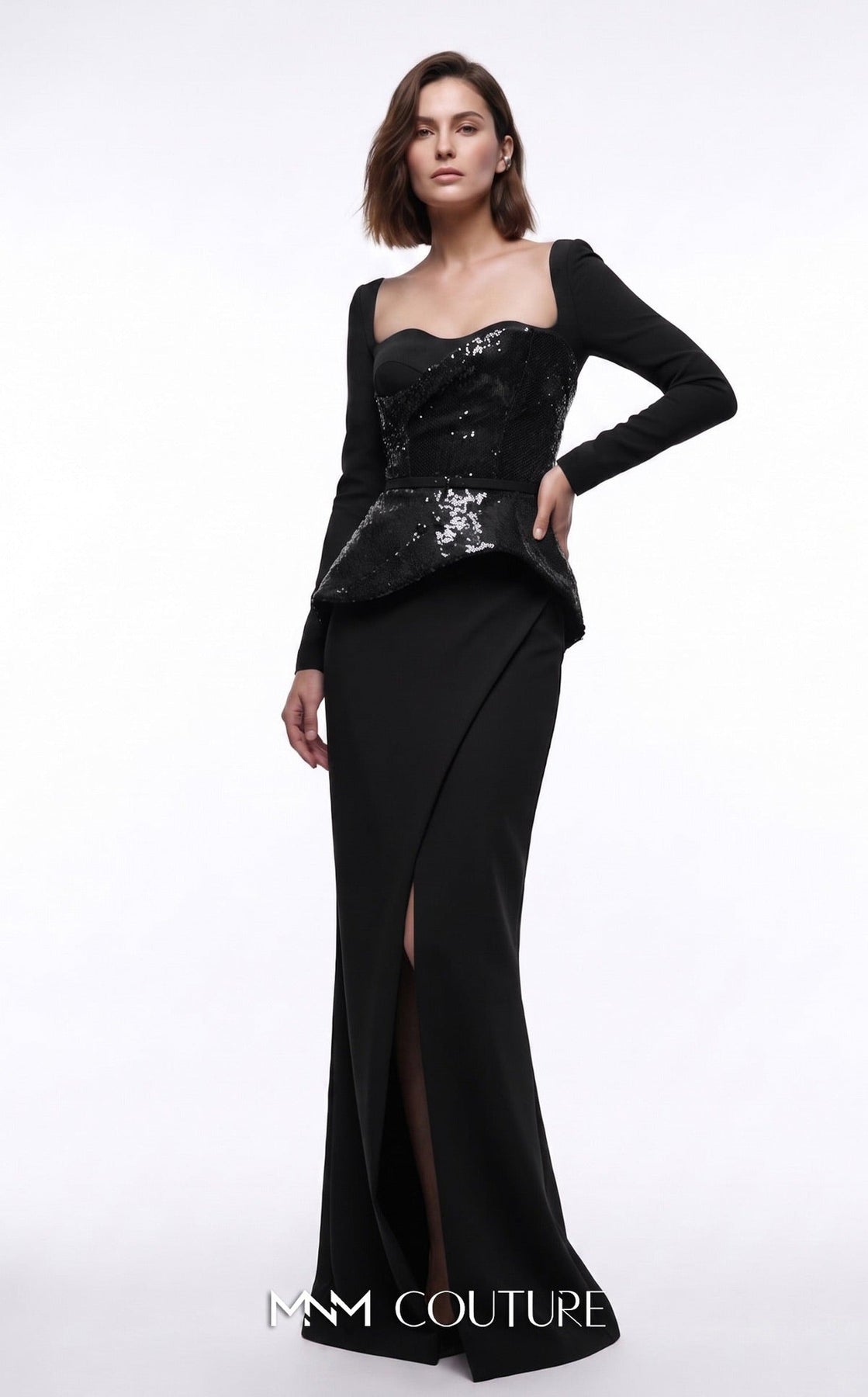 MNM COUTURE E0141 - Long Sleeve High Slit Evening Gown with Belt