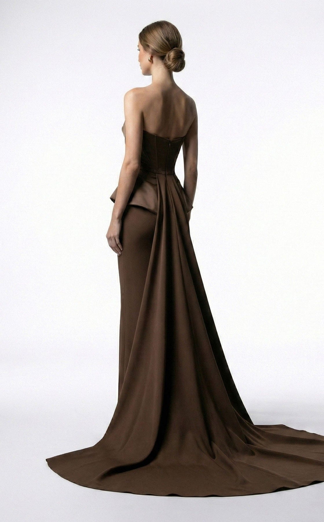 MNM COUTURE E0146 - Column Draped Bodice Evening Gown with Overskirt