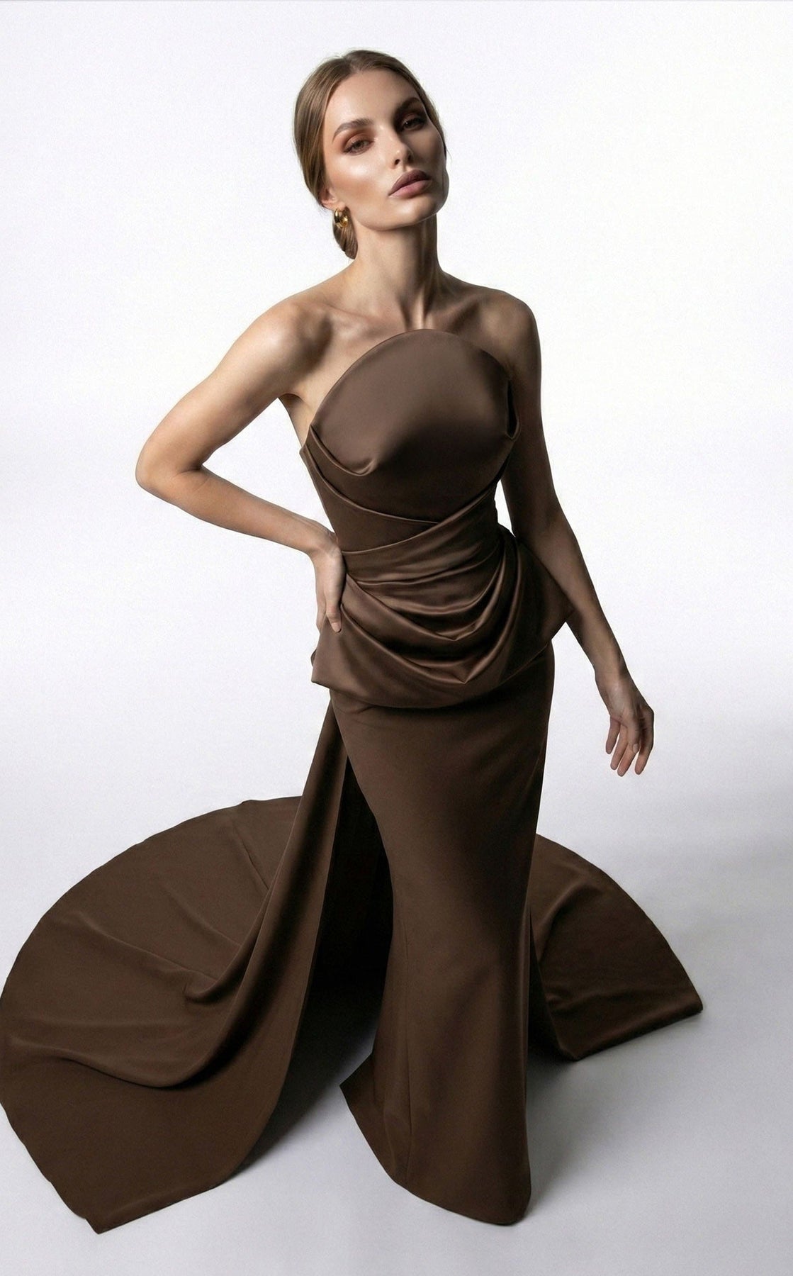 MNM COUTURE E0146 - Column Draped Bodice Evening Gown with Overskirt