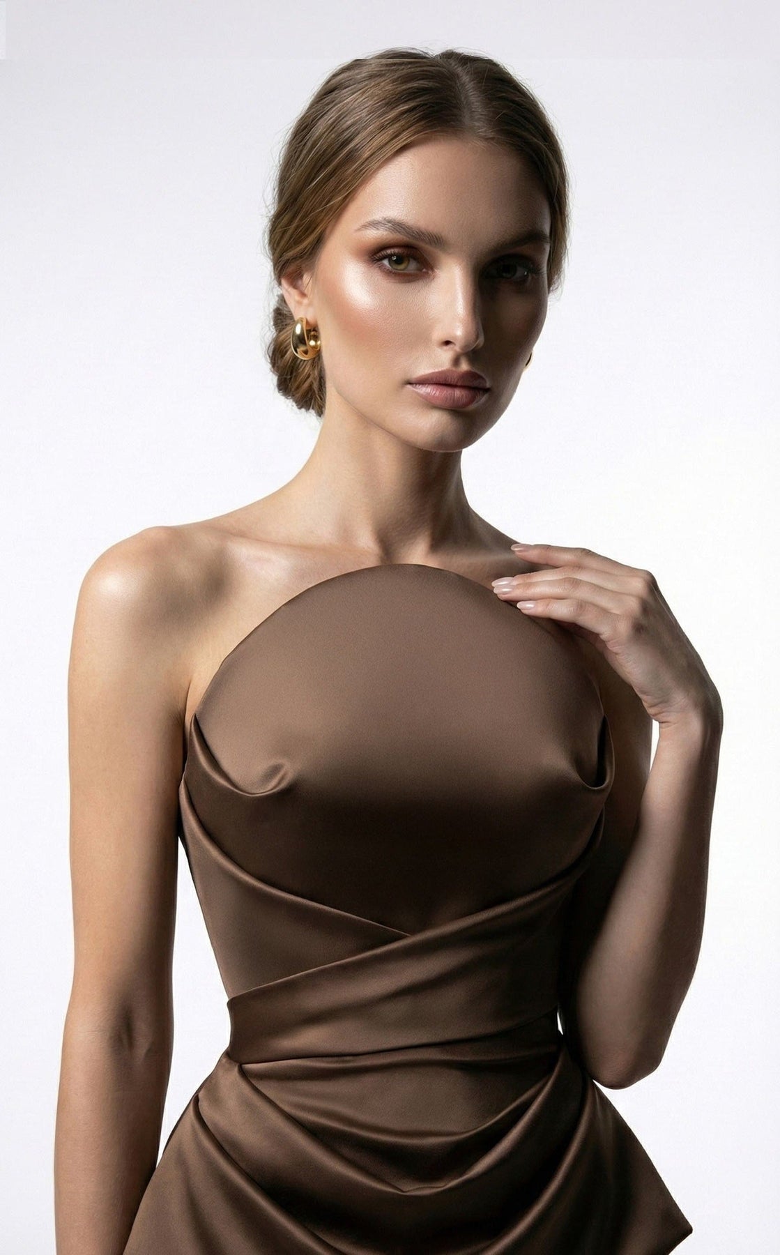 MNM COUTURE E0146 - Column Draped Bodice Evening Gown with Overskirt