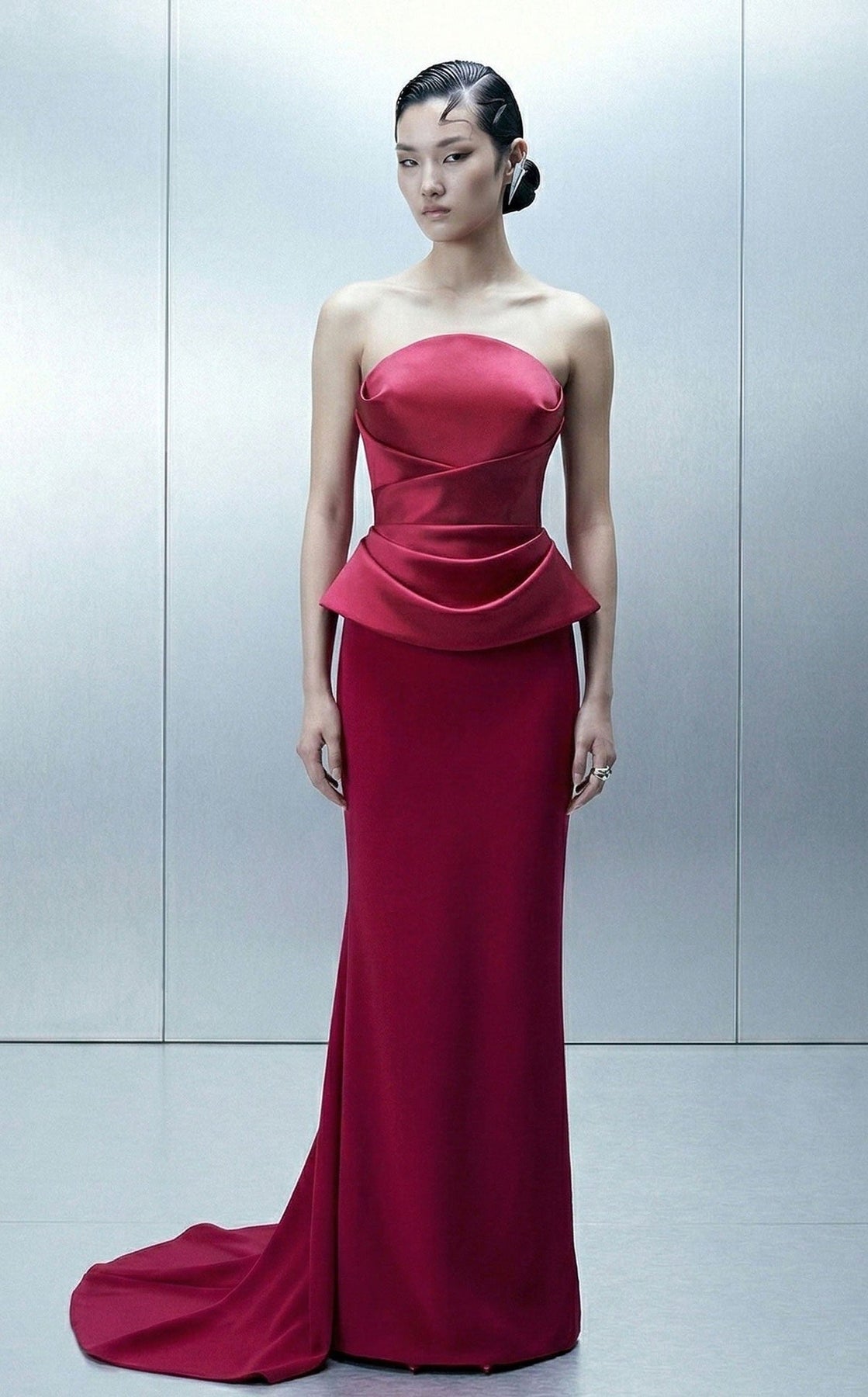 MNM COUTURE E0146 - Column Draped Bodice Evening Gown with Overskirt
