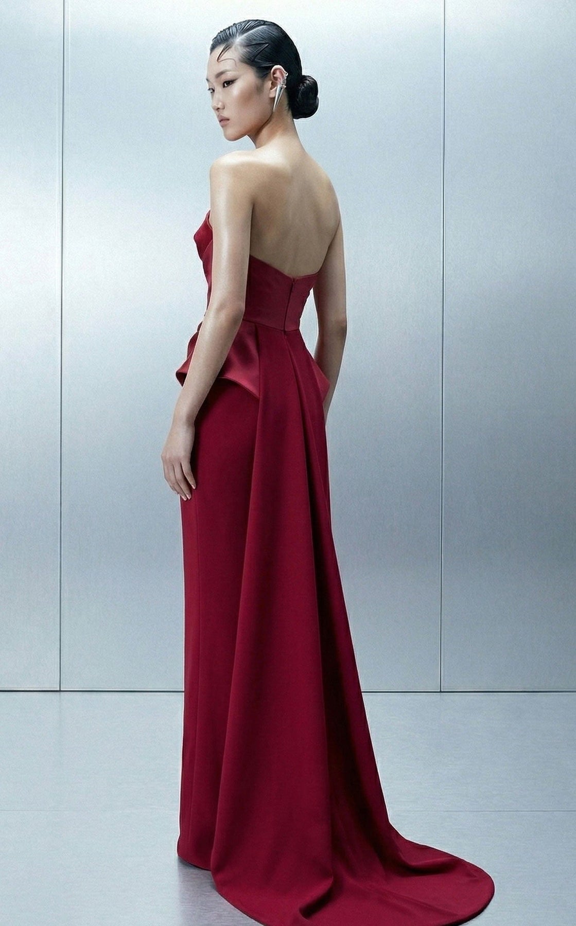 MNM COUTURE E0146 - Column Draped Bodice Evening Gown with Overskirt