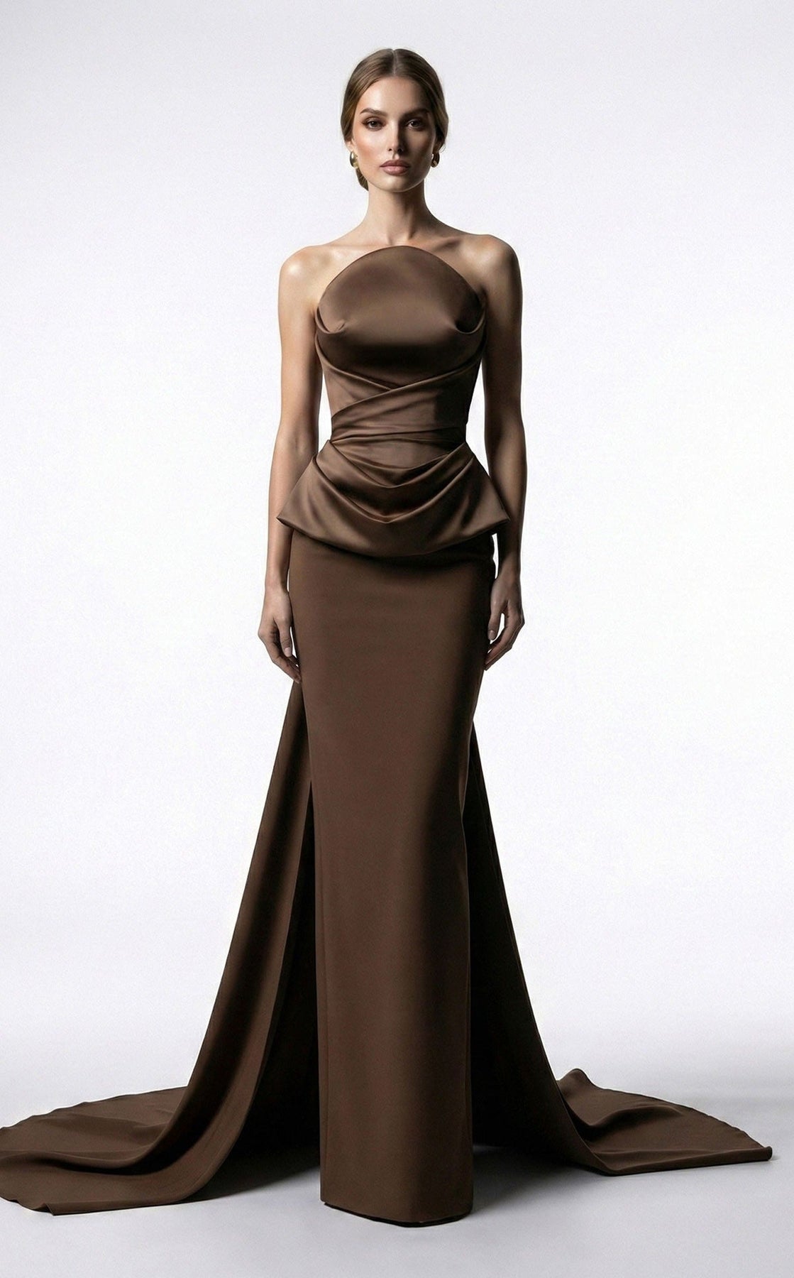 MNM COUTURE E0146 - Column Draped Bodice Evening Gown with Overskirt