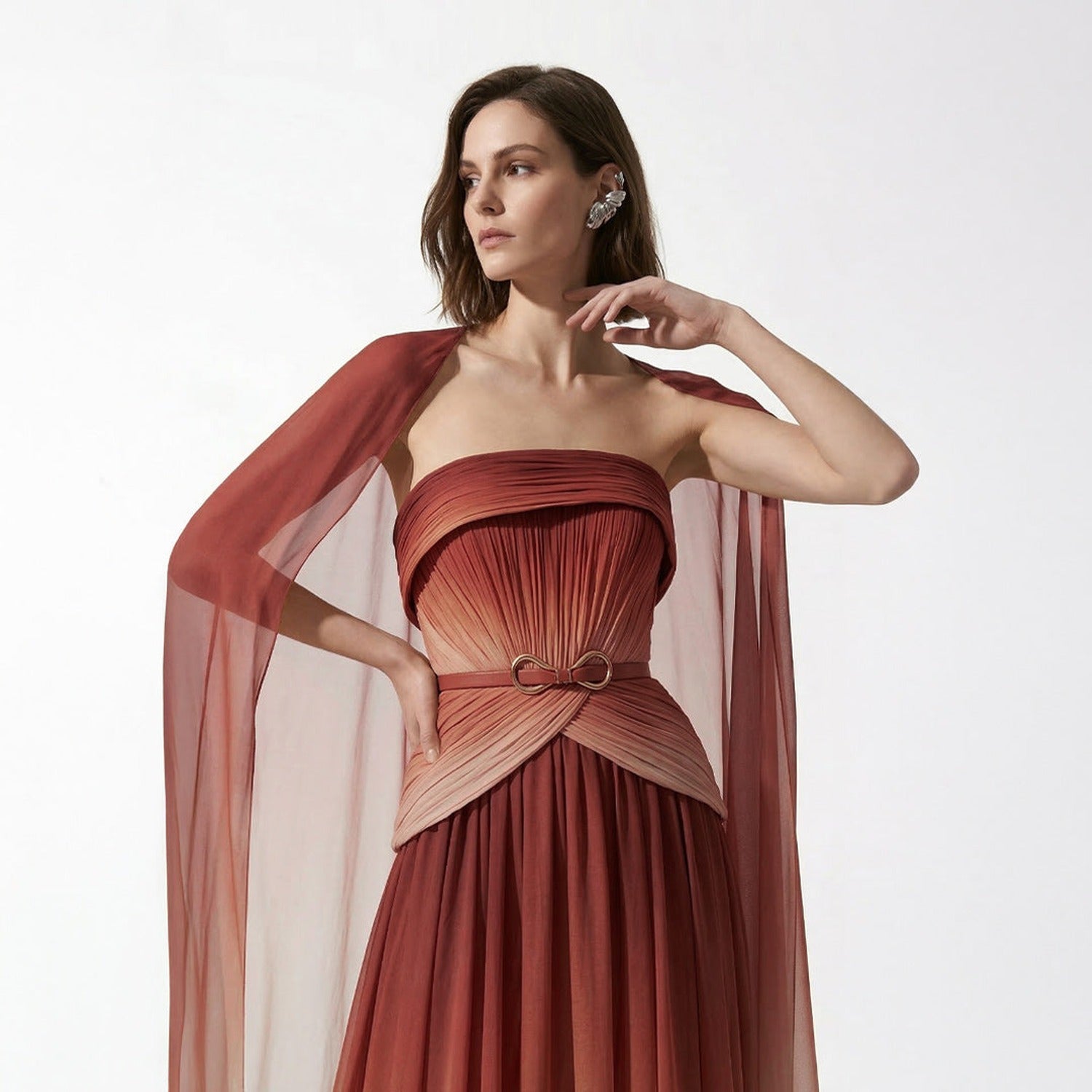 MNM COUTURE E0153 - Folded Straight Neck Chiffon Evening Gown