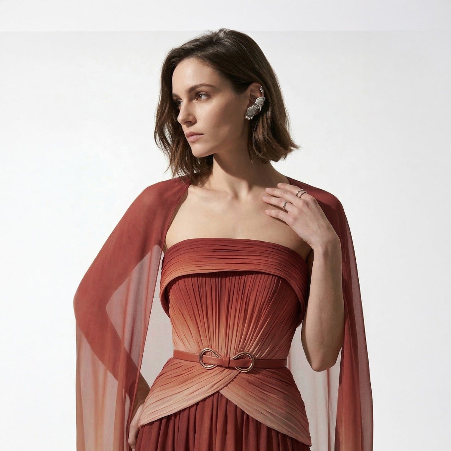 MNM COUTURE E0153 - Folded Straight Neck Chiffon Evening Gown