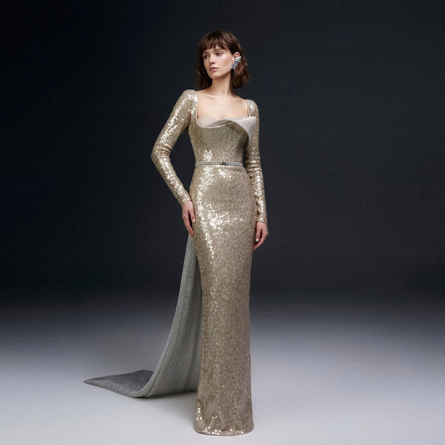 MNM COUTURE E0157 - Radiant Sequin Column Evening Gown with Train