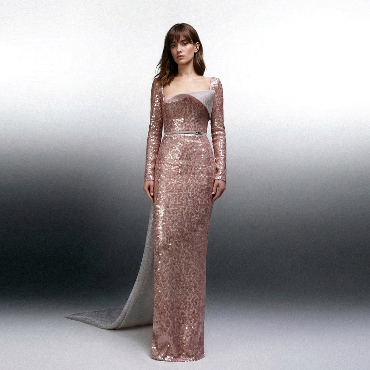 MNM COUTURE E0157 - Radiant Sequin Column Evening Gown with Train