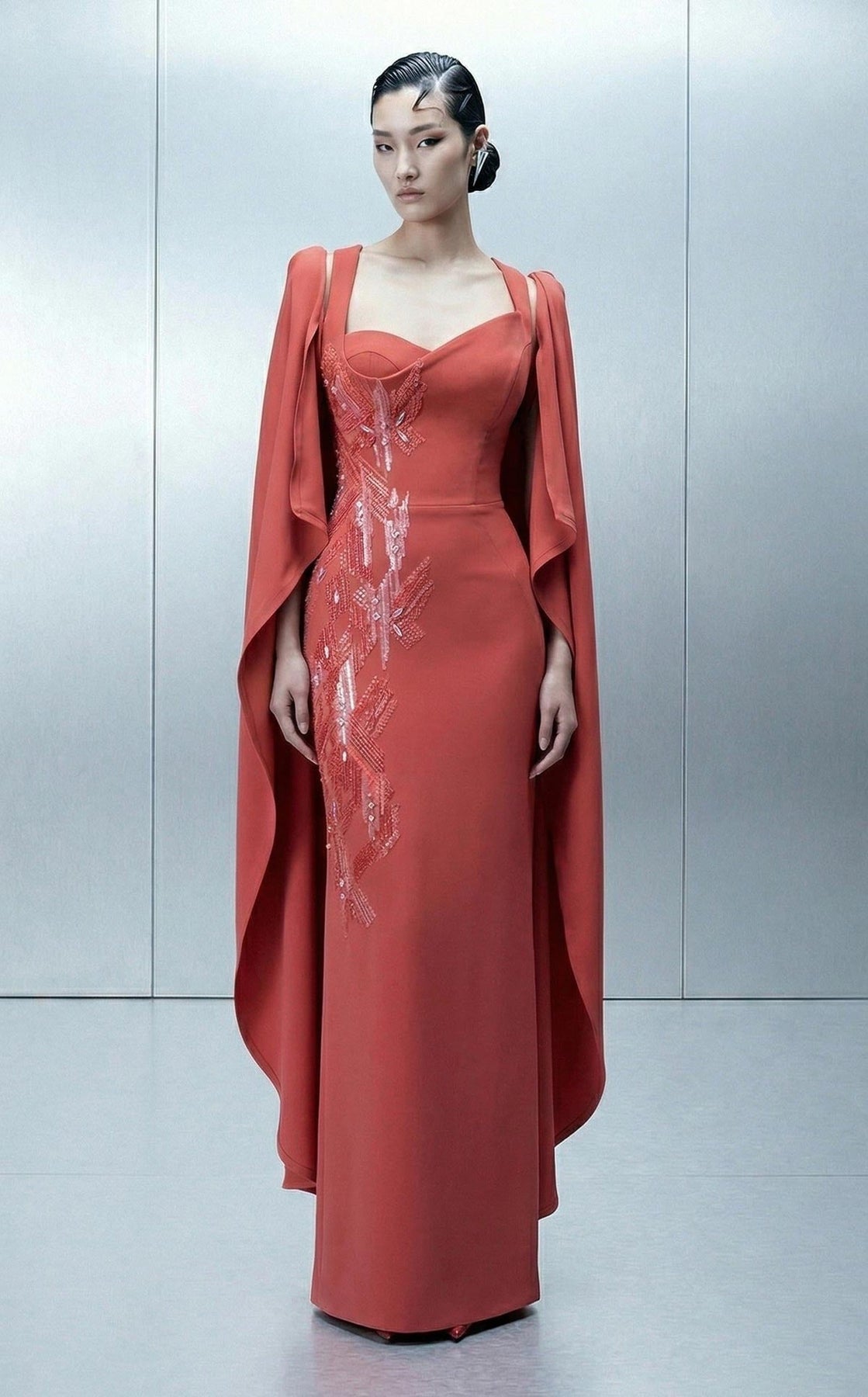 MNM COUTURE E0164 - Wide Strap Cross Back Evening Gown with Cape
