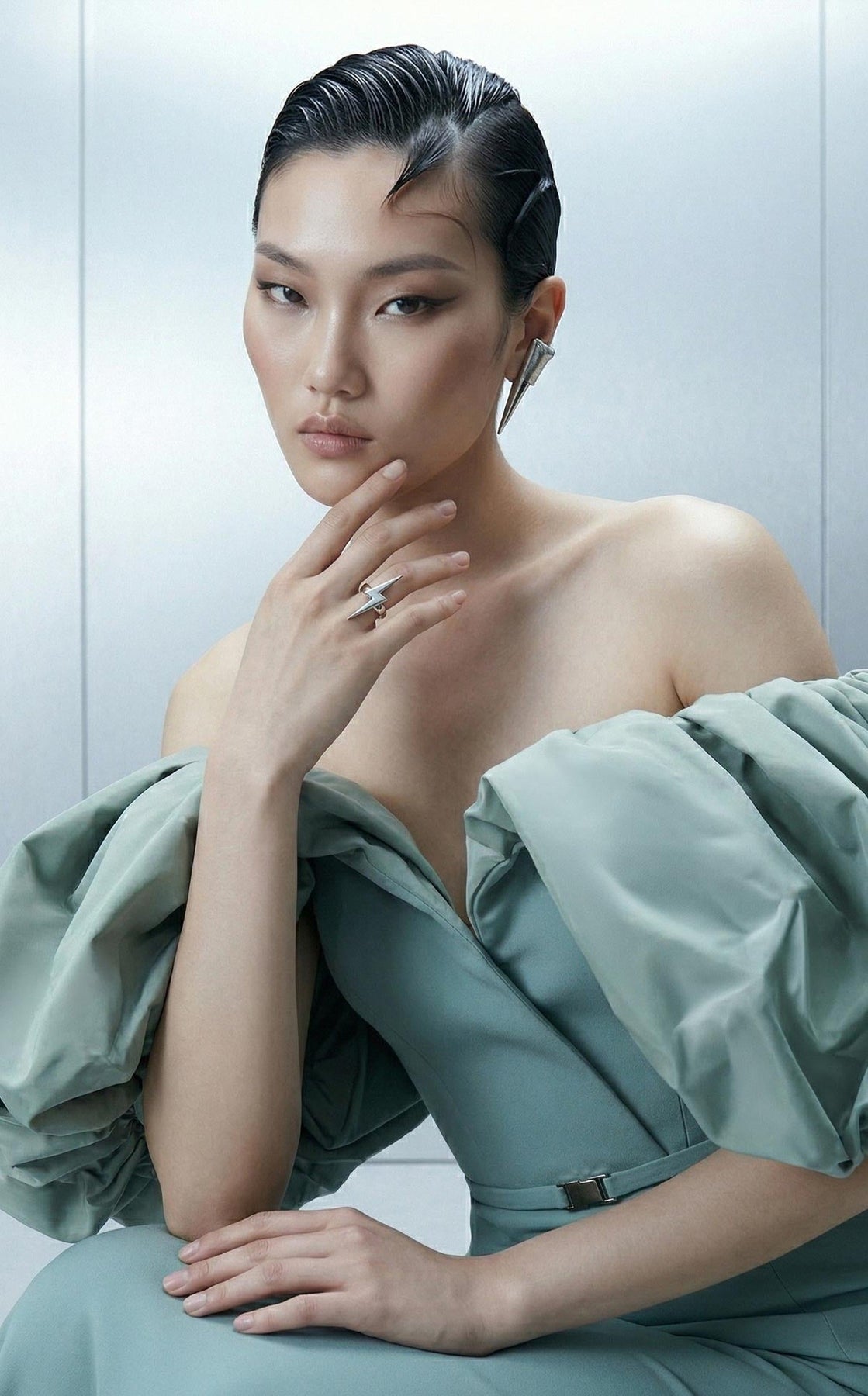 MNM COUTURE E0165 - Surplice Bodice Off Shoulder Evening Gown