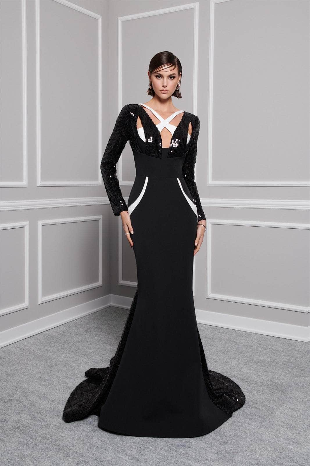 MNM Couture F02834 - Long Sleeve Crisscross Evening Gown Special Occasion Dresses 4 / Black