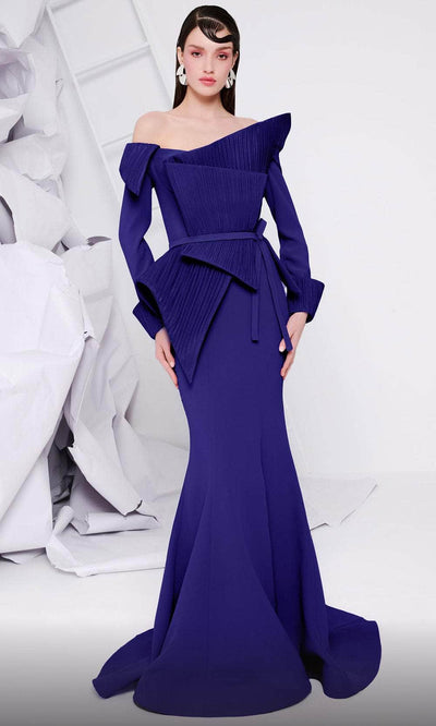 MNM Couture F02846 - Draped Off Shoulder Evening Gown Mother of the Bride Dresses 4 /  Royal Blue