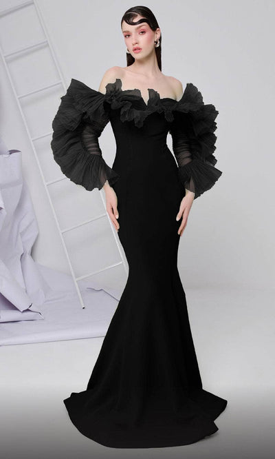 MNM Couture F02850 - Ruffle Trimmed Evening Gown Prom Dresses 4 /  Black