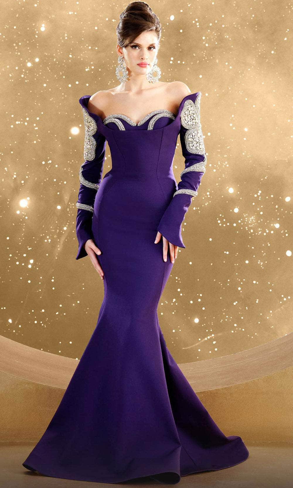 MNM Couture F02858 - Peak Off Shoulder Evening Gown Mother Of The Bride Dresses 4 /  Purple