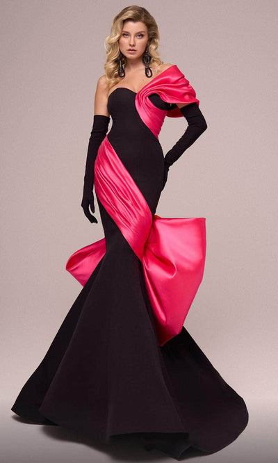 MNM Couture F02883 - Bow Accent Evening Gown Prom Dresses 4 /  Black/Fuchsia