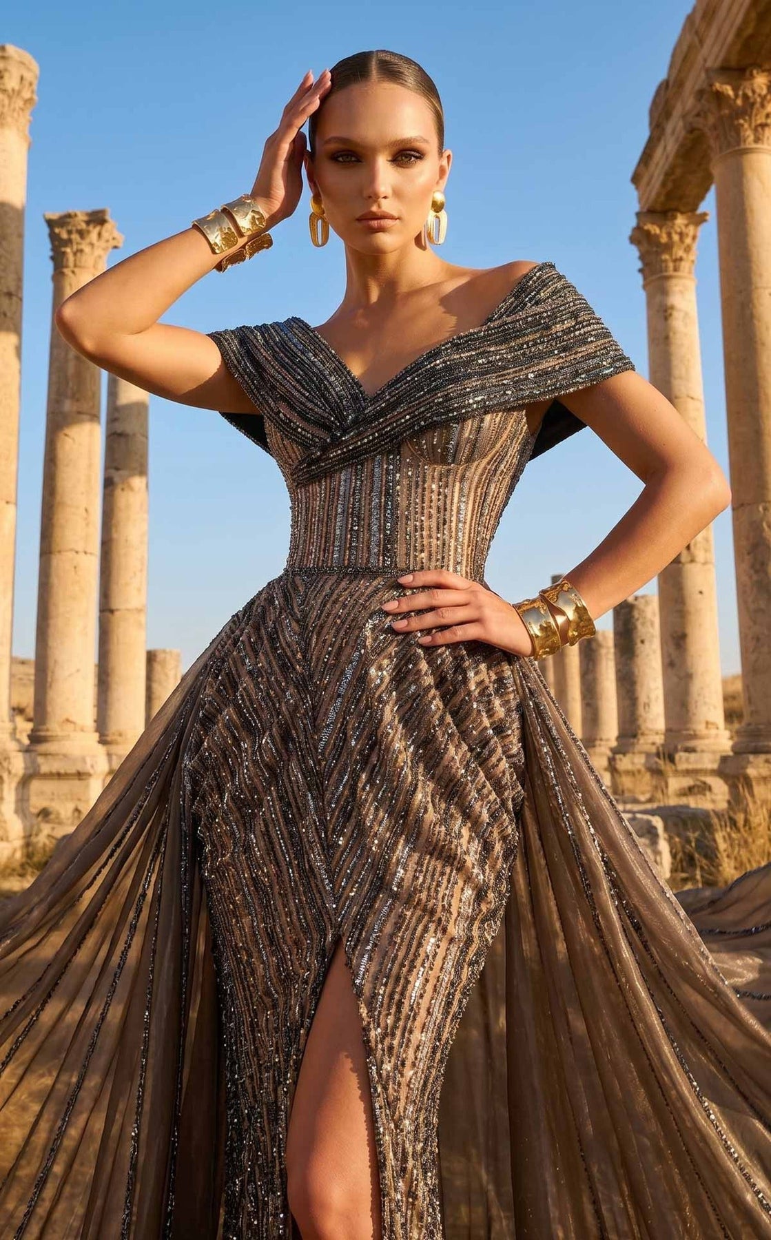 MNM COUTURE F02929 - Embellished A-Line Overskirt Evening Gown