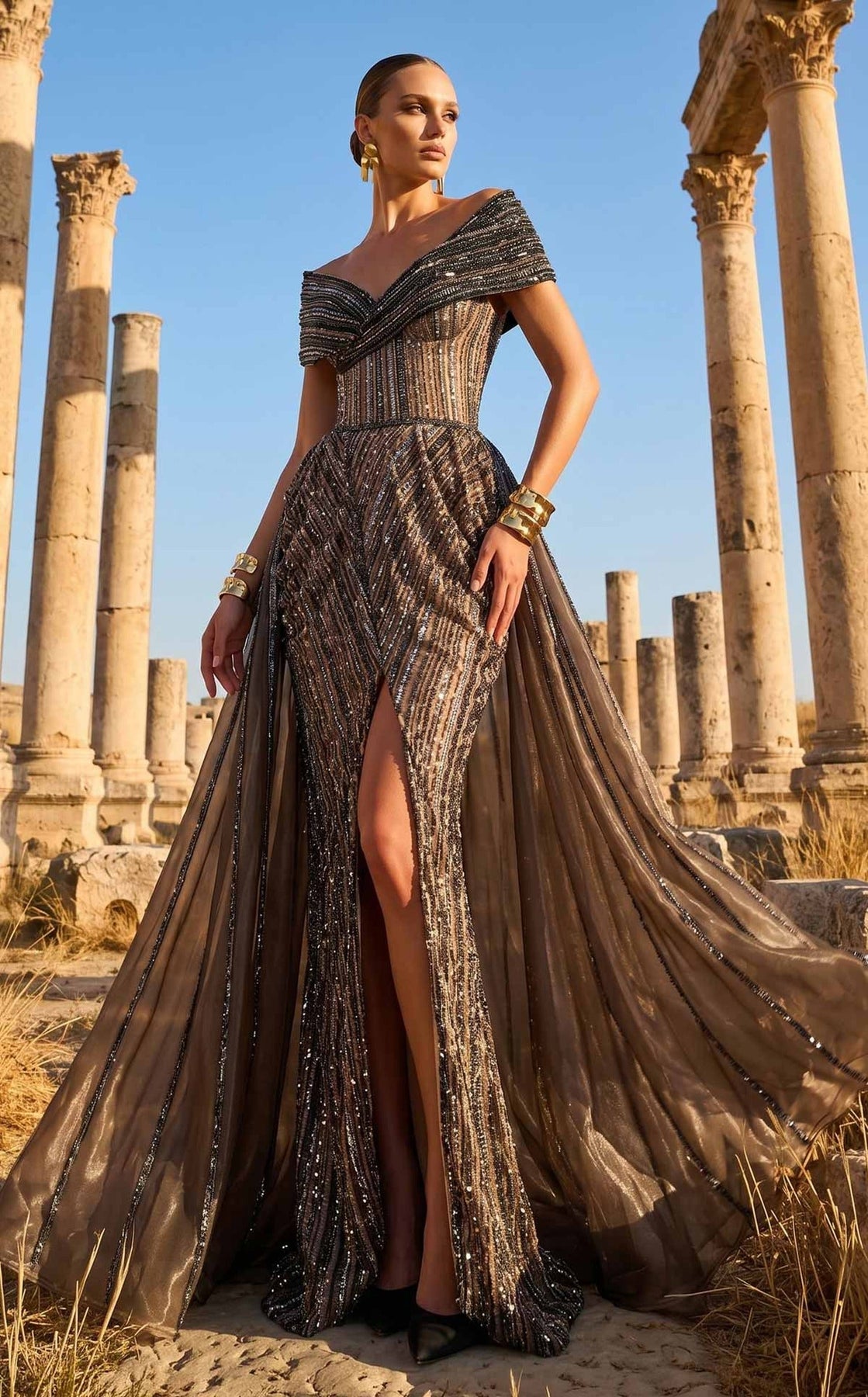 MNM COUTURE F02929 - Embellished A-Line Overskirt Evening Gown