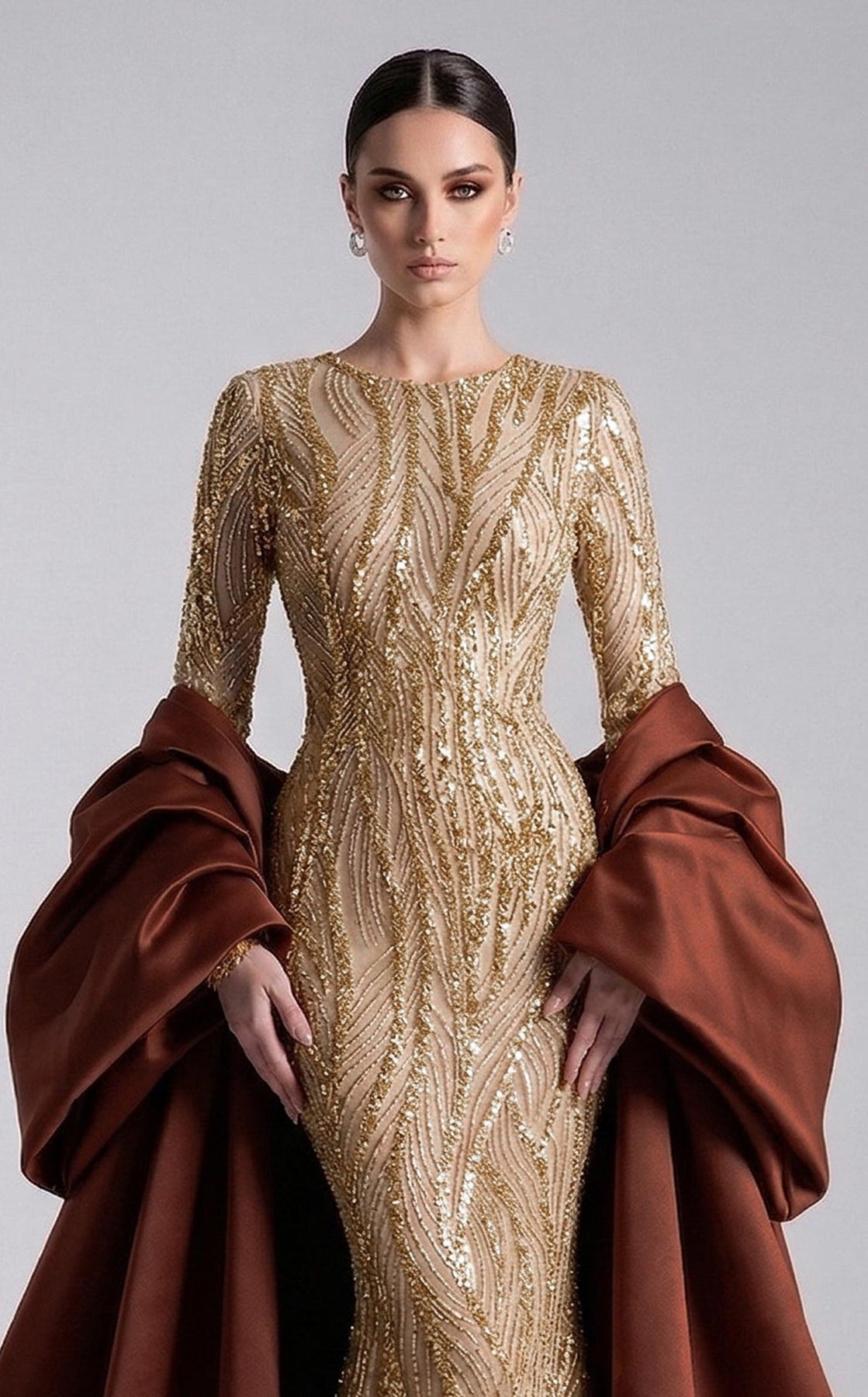 MNM COUTURE F03004 - Jewel Neckline Sparkle Column Evening Gown