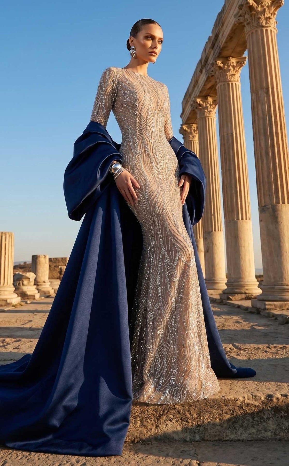 MNM COUTURE F03004 - Jewel Neckline Sparkle Column Evening Gown