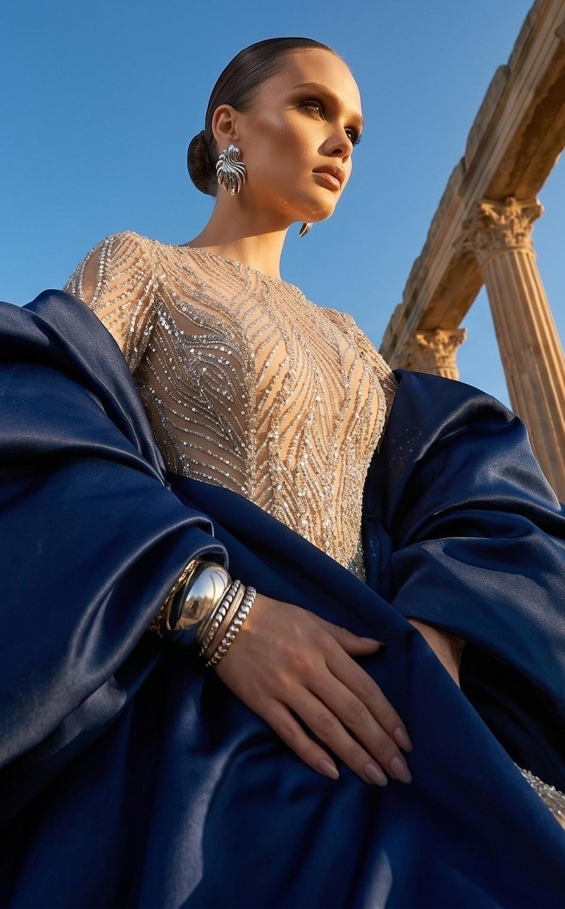 MNM COUTURE F03004 - Jewel Neckline Sparkle Column Evening Gown