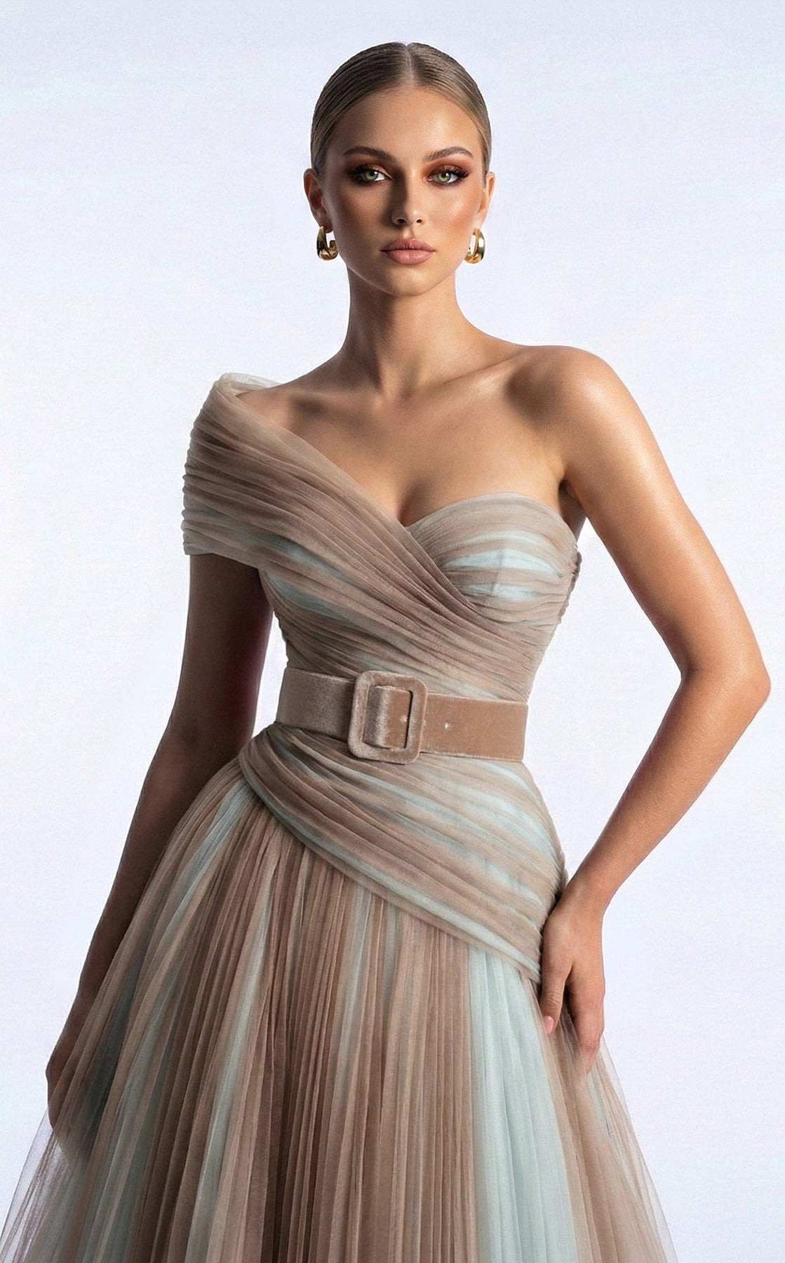 MNM COUTURE F03008 - One Shoulder Belted Evening Gown