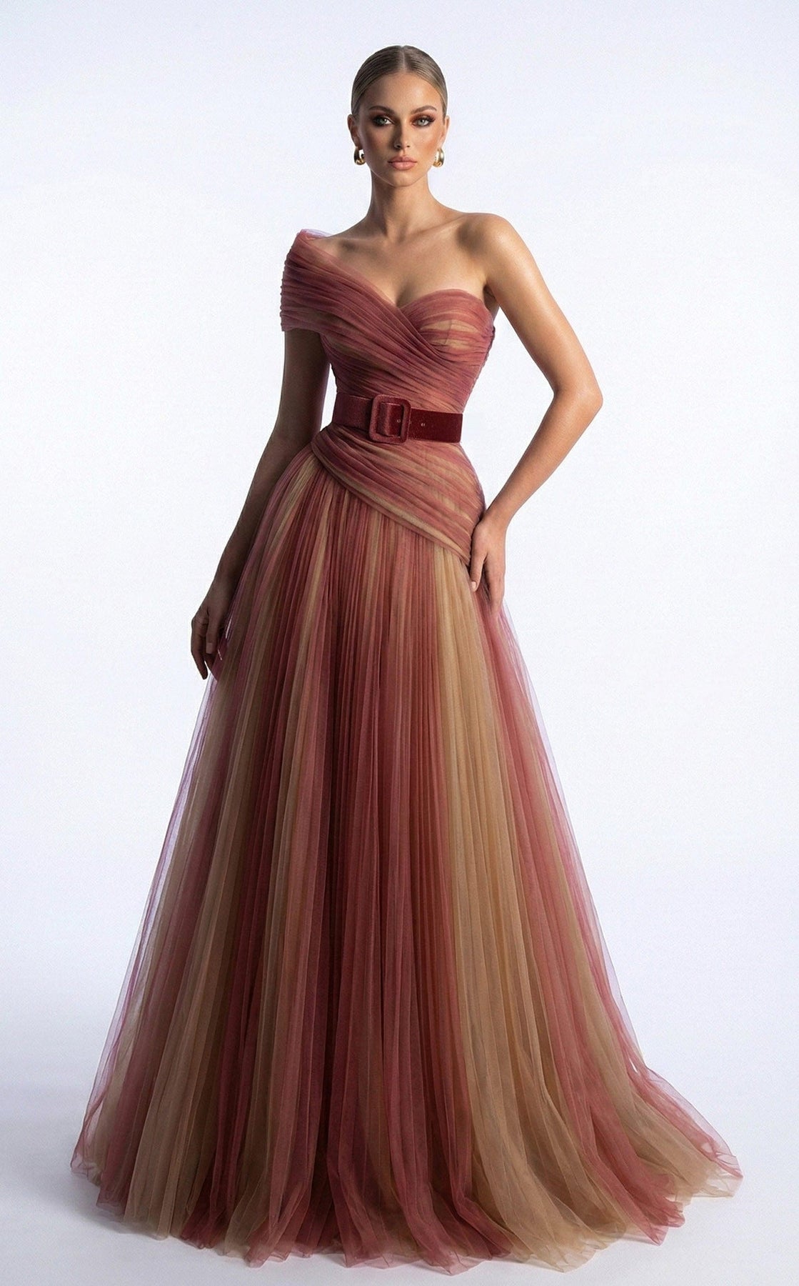 MNM COUTURE F03008 - One Shoulder Belted Evening Gown