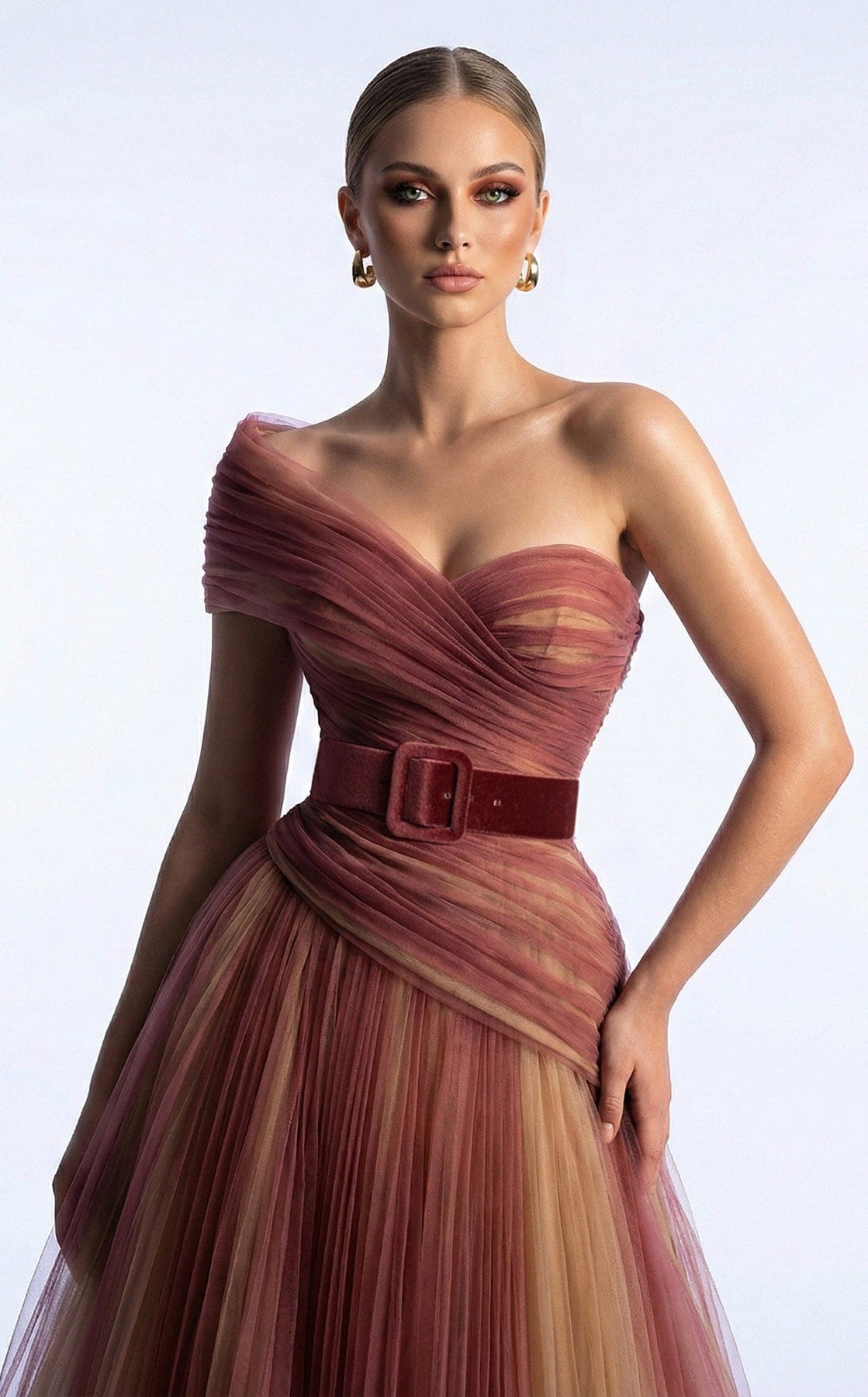 MNM COUTURE F03008 - One Shoulder Belted Evening Gown