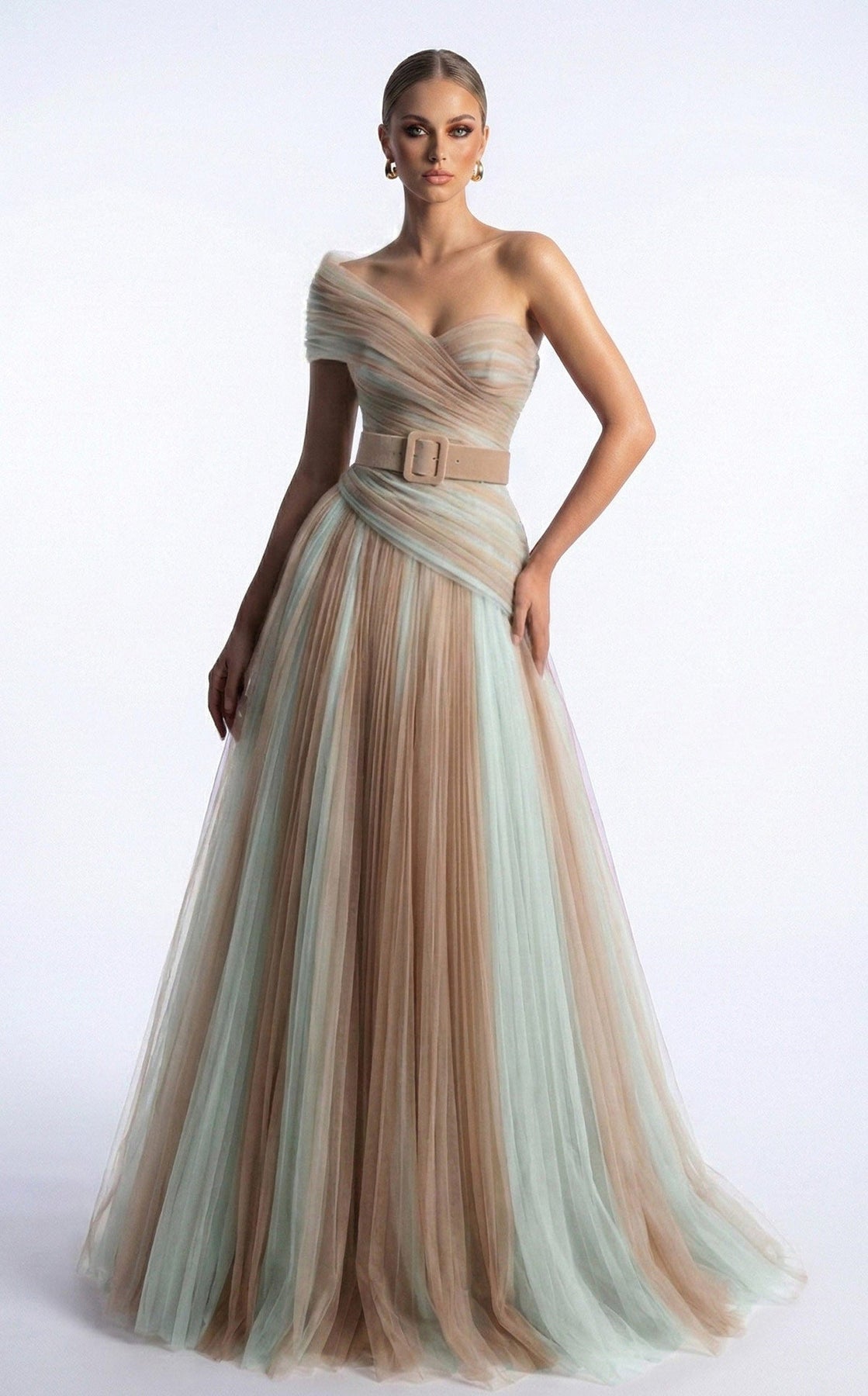 MNM COUTURE F03008 - One Shoulder Belted Evening Gown