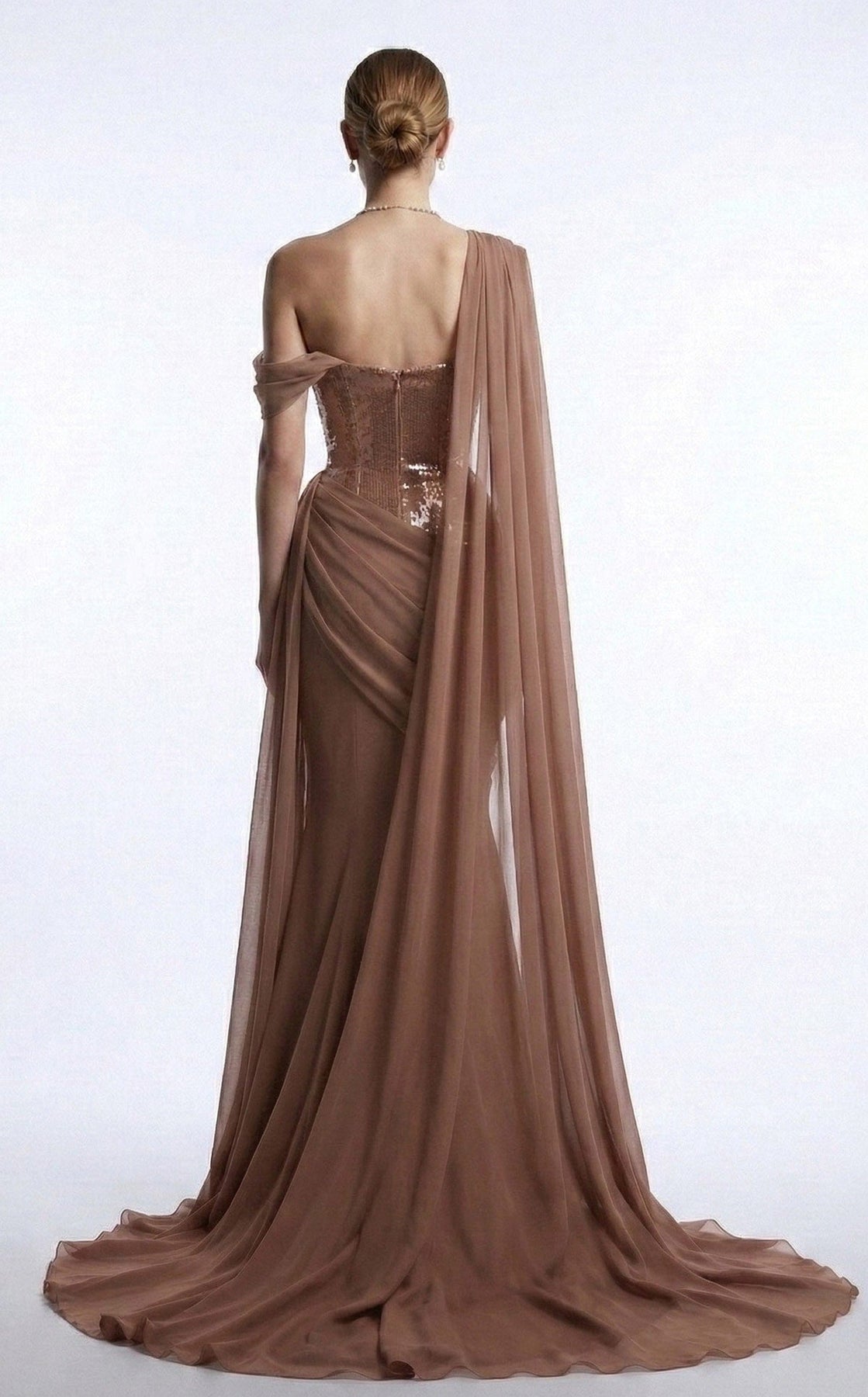 MNM COUTURE F03017 - Asymmetrical Neck Draped Evening Gown
