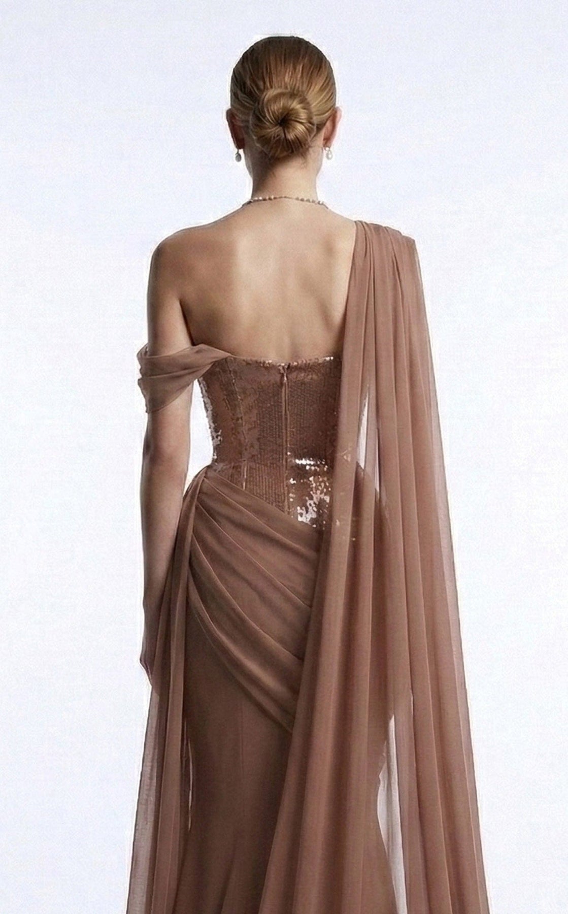 MNM COUTURE F03017 - Asymmetrical Neck Draped Evening Gown