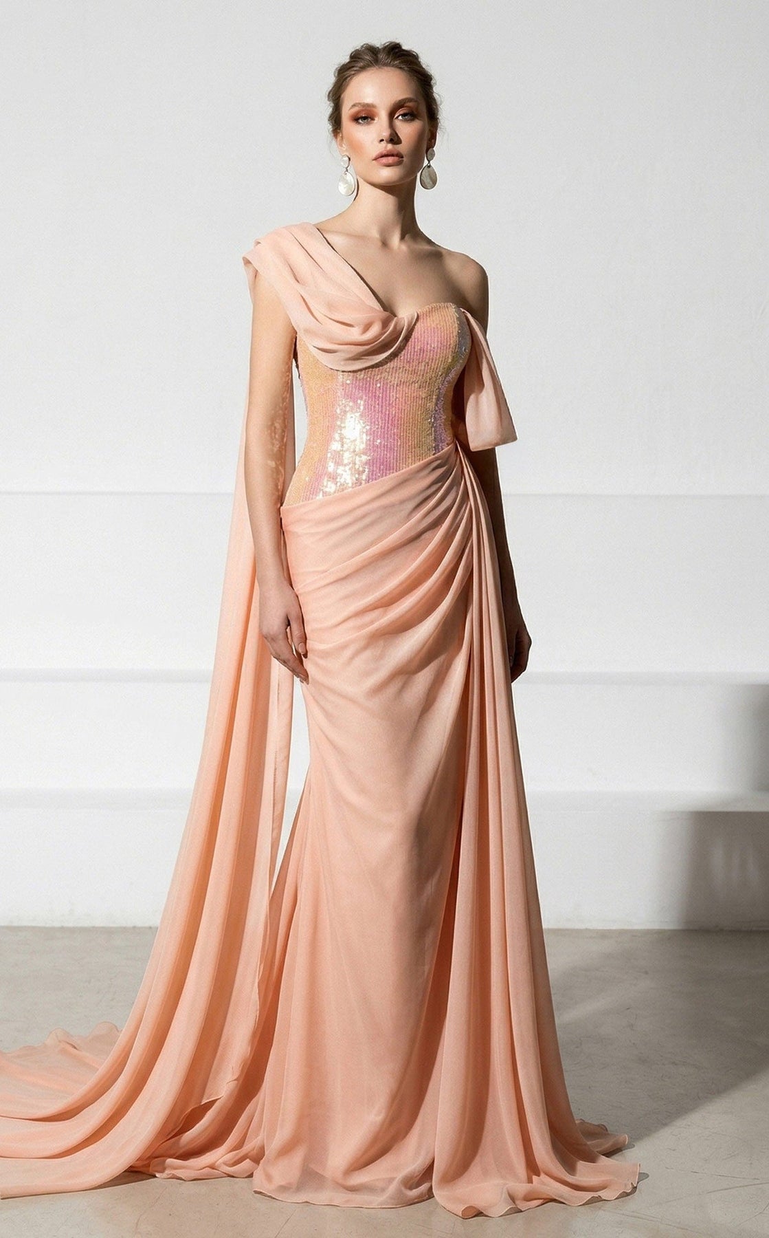 MNM COUTURE F03017 - Asymmetrical Neck Draped Evening Gown