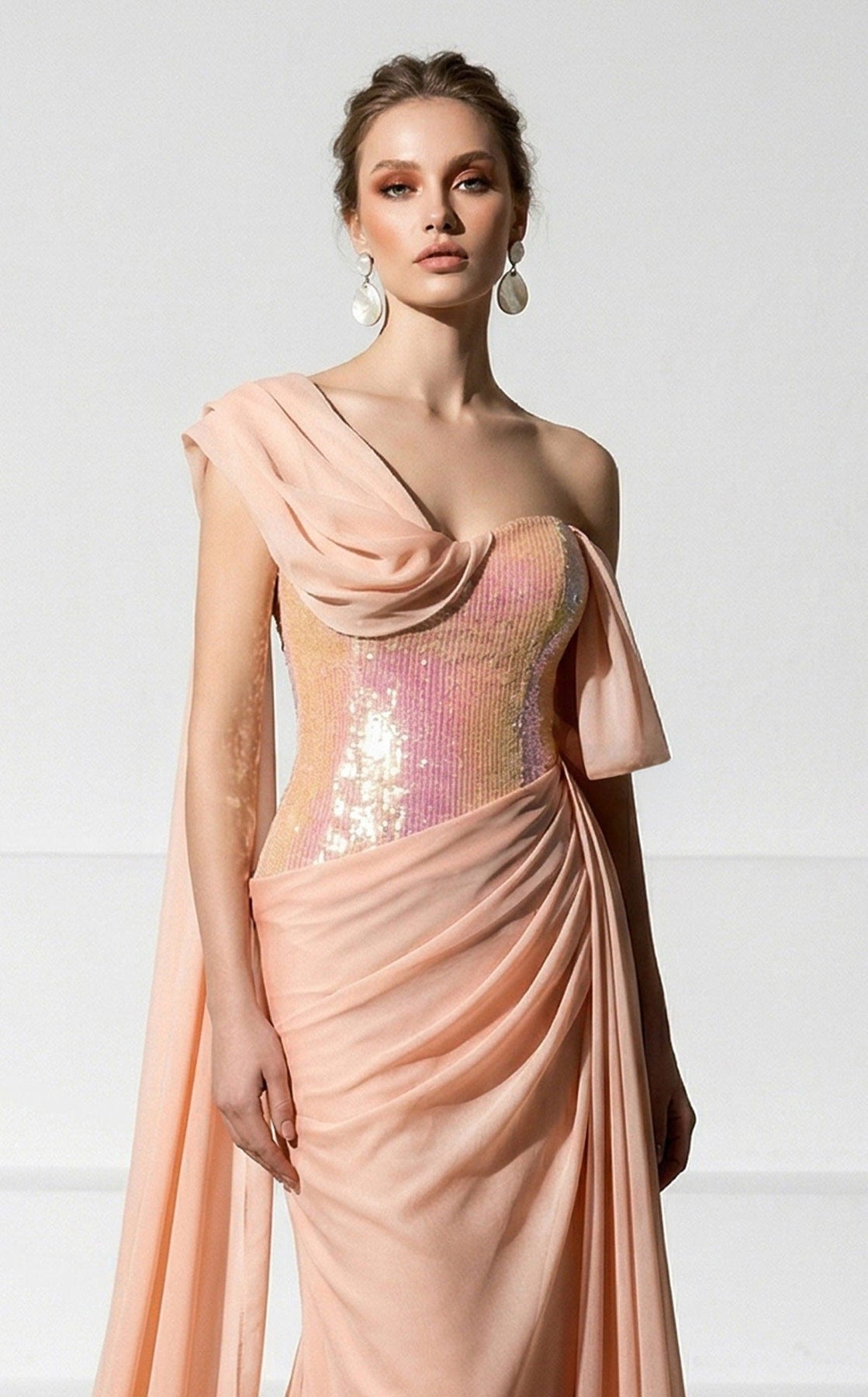 MNM COUTURE F03017 - Asymmetrical Neck Draped Evening Gown