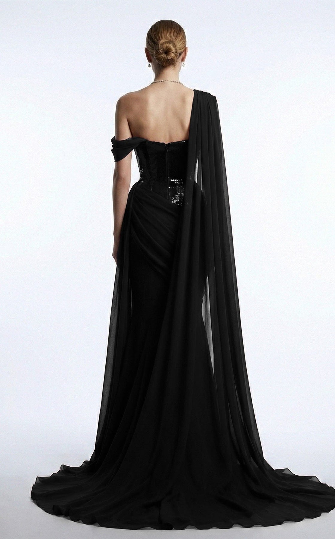 MNM COUTURE F03017 - Asymmetrical Neck Draped Evening Gown