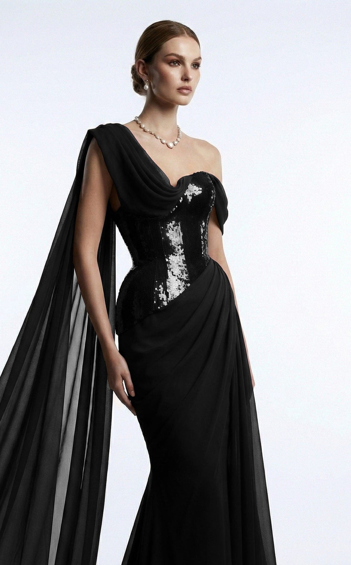 MNM COUTURE F03017 - Asymmetrical Neck Draped Evening Gown