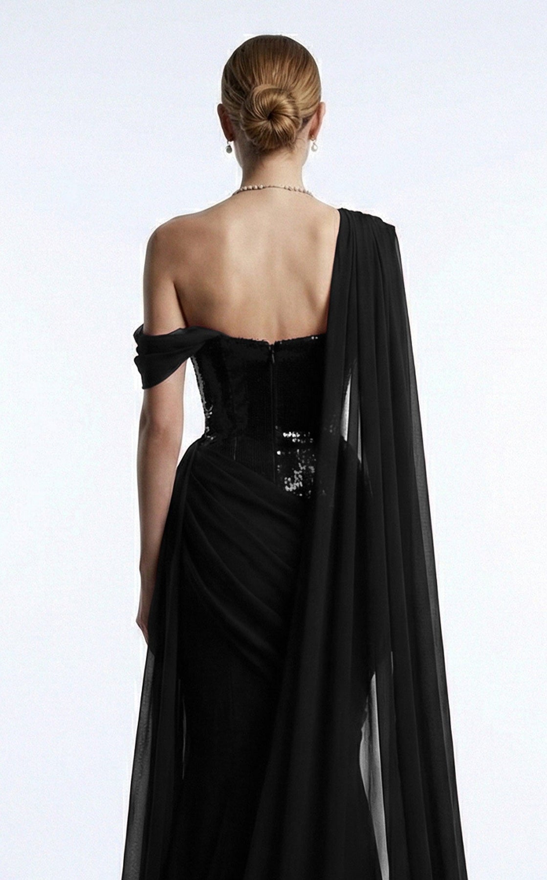 MNM COUTURE F03017 - Asymmetrical Neck Draped Evening Gown