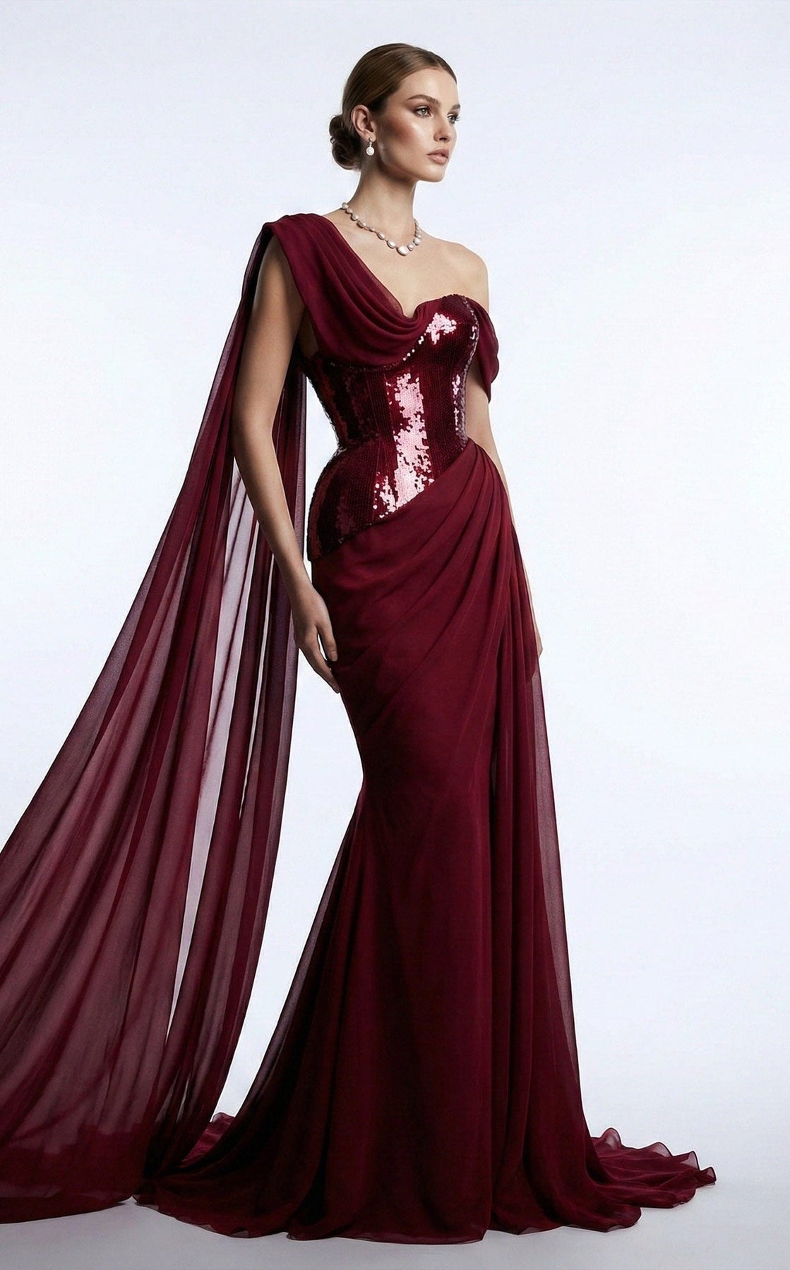MNM COUTURE F03017 - Asymmetrical Neck Draped Evening Gown