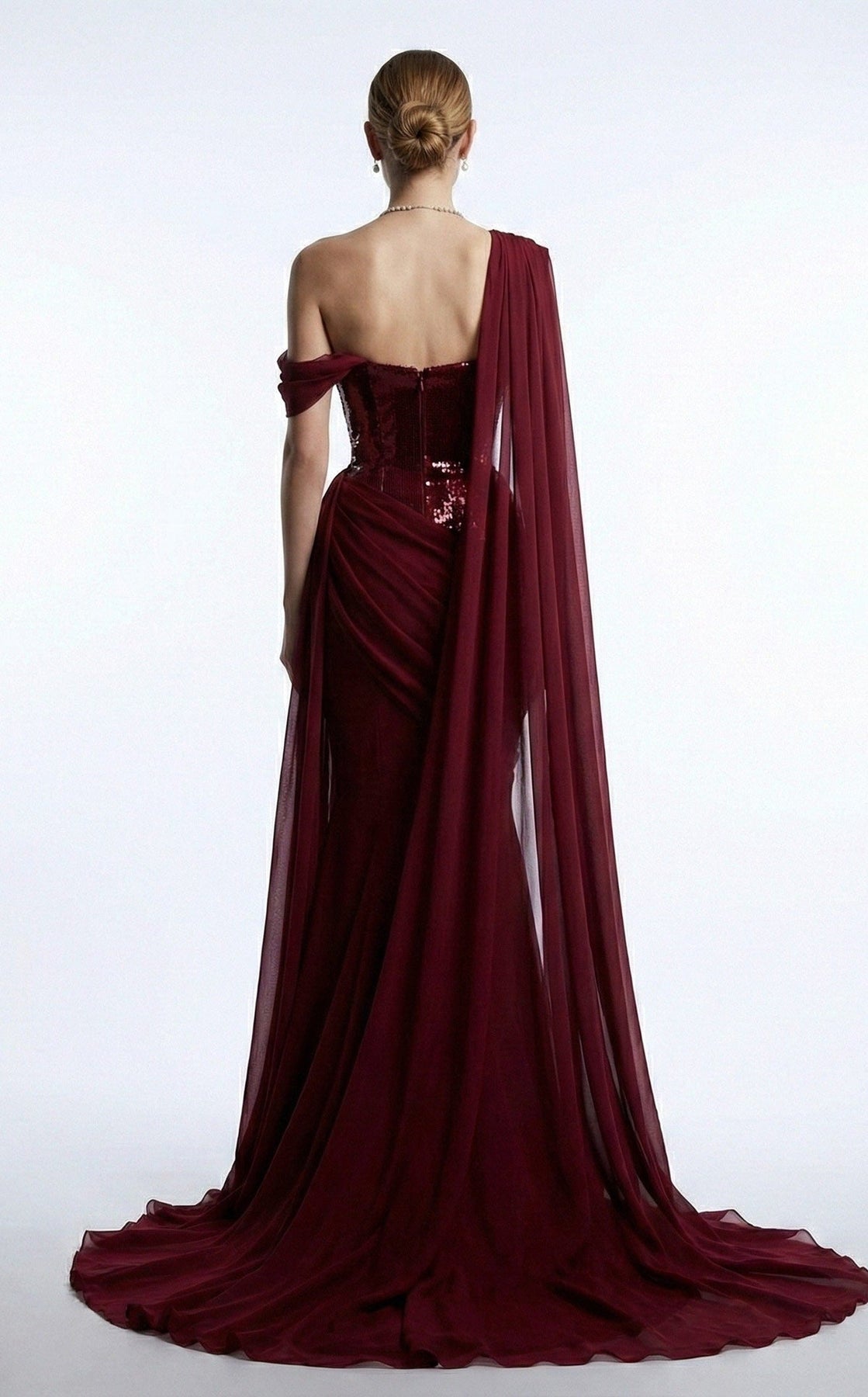 MNM COUTURE F03017 - Asymmetrical Neck Draped Evening Gown