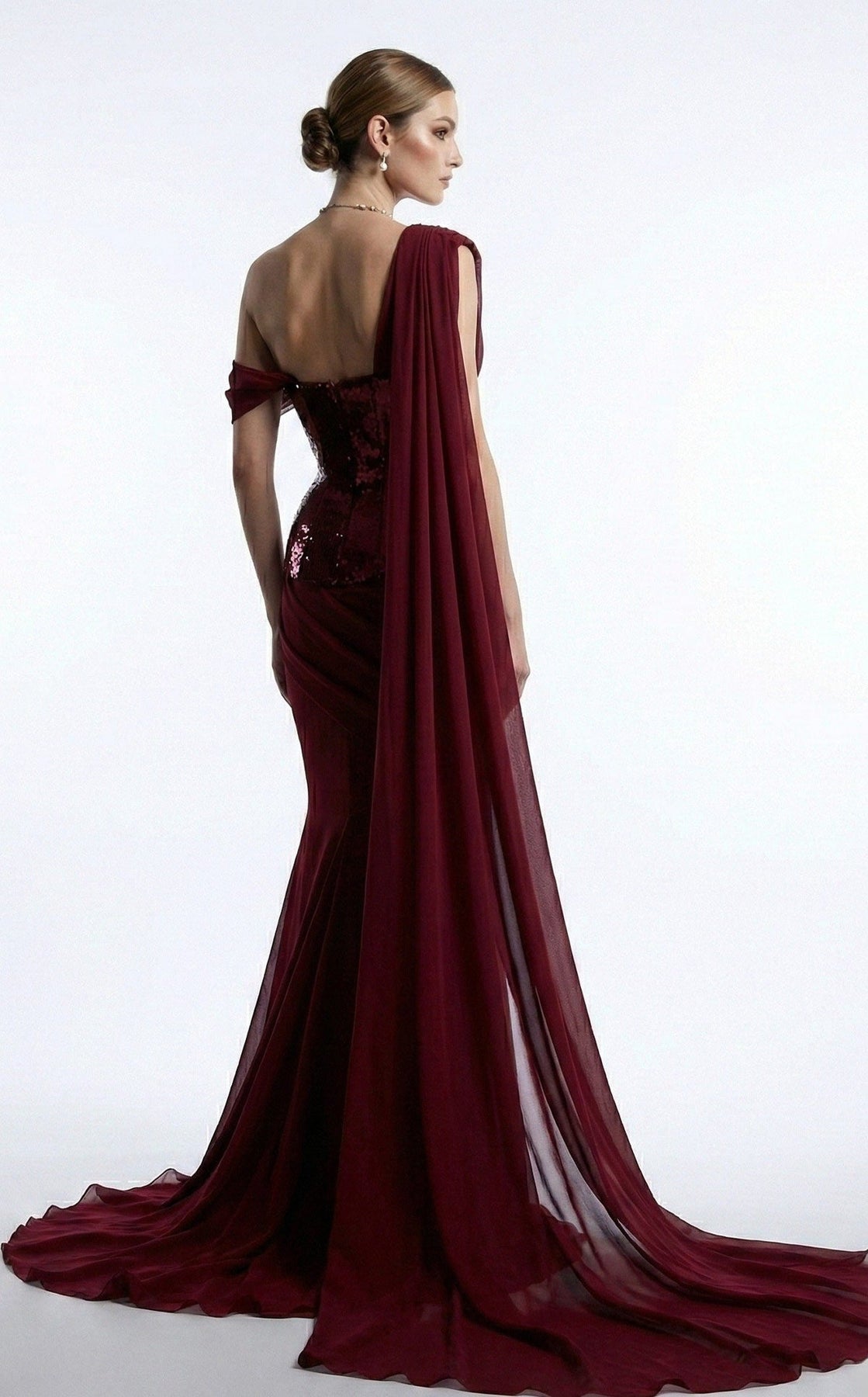 MNM COUTURE F03017 - Asymmetrical Neck Draped Evening Gown