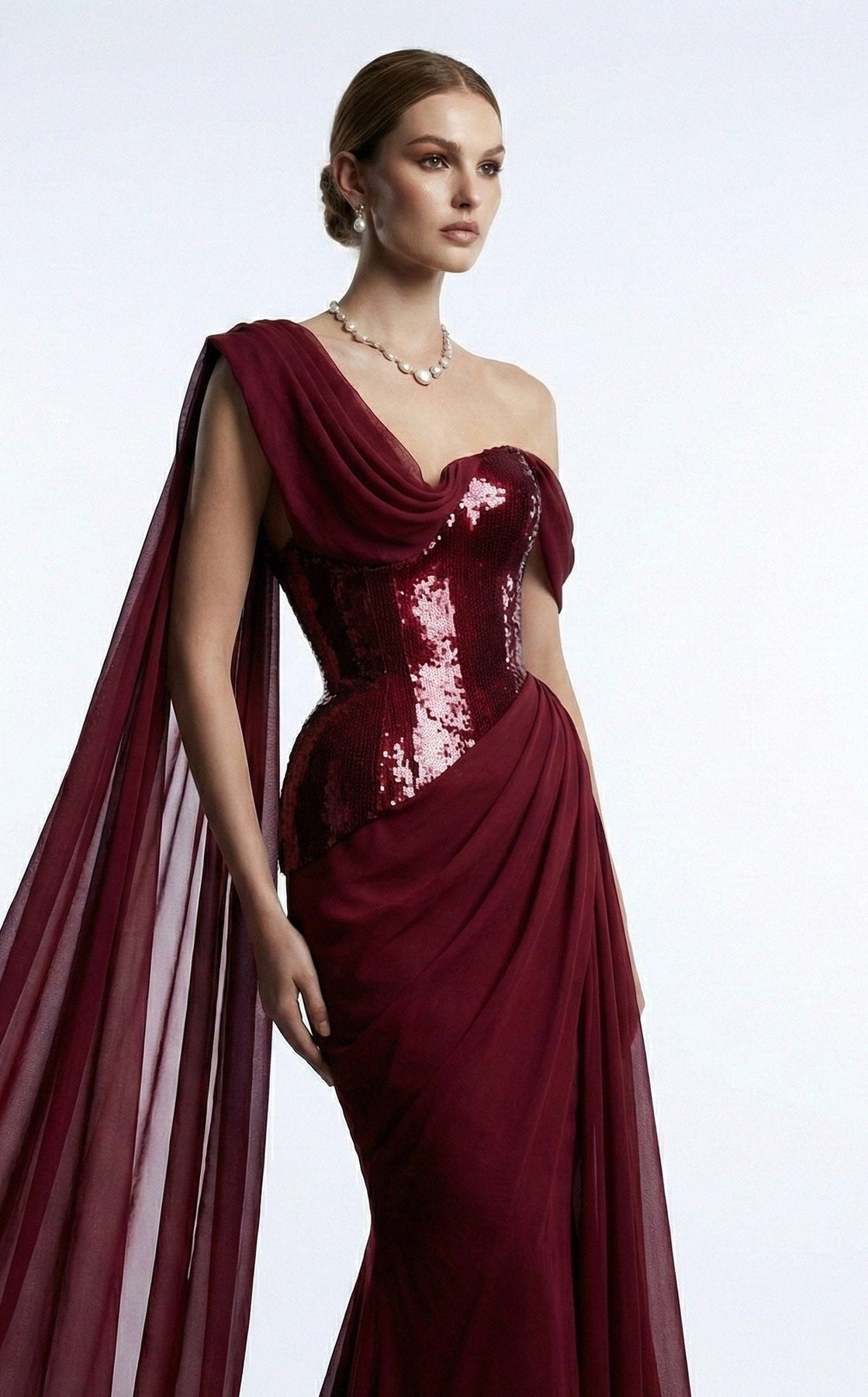 MNM COUTURE F03017 - Asymmetrical Neck Draped Evening Gown