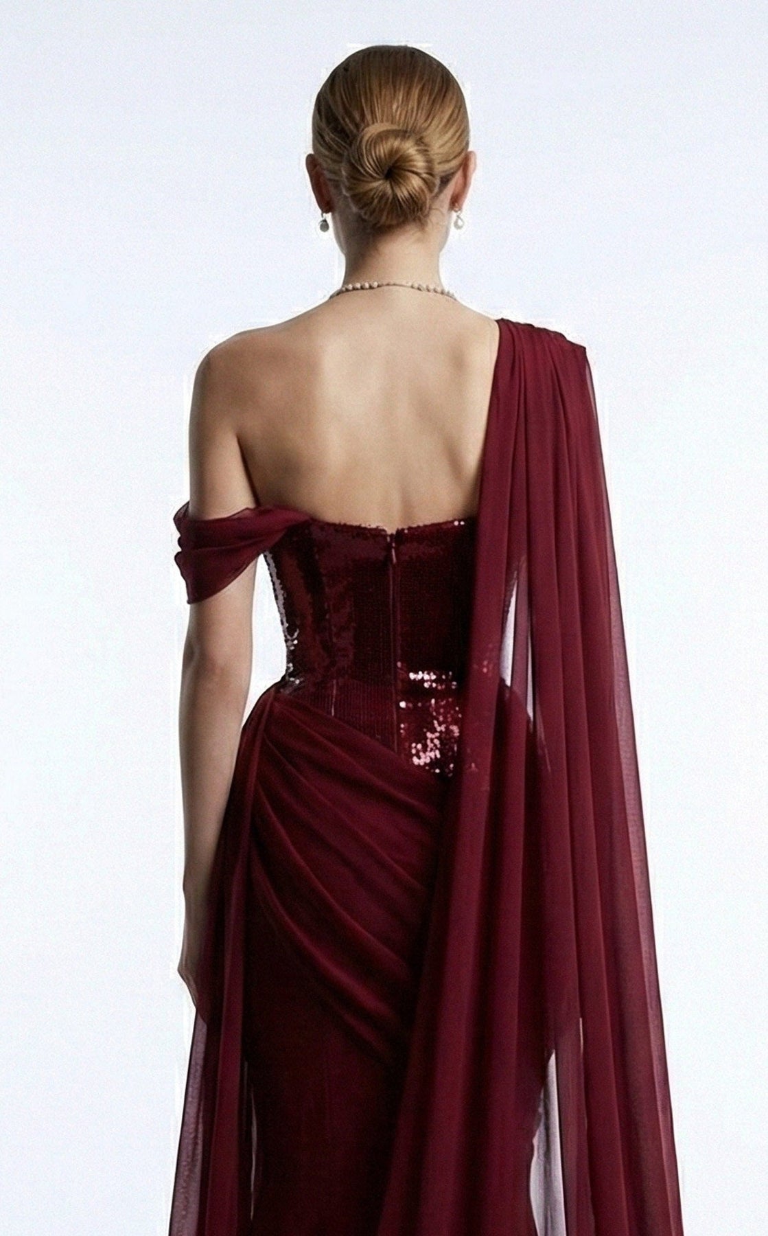 MNM COUTURE F03017 - Asymmetrical Neck Draped Evening Gown