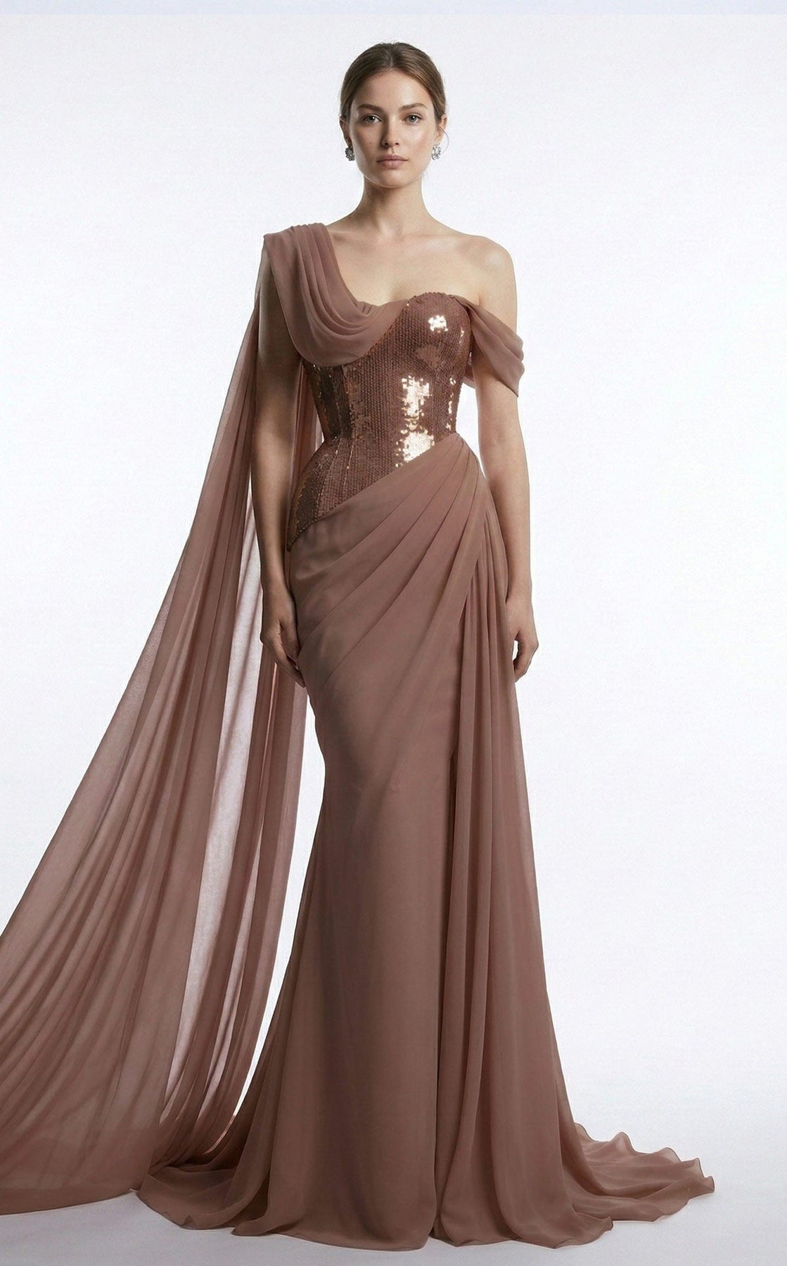 MNM COUTURE F03017 - Asymmetrical Neck Draped Evening Gown
