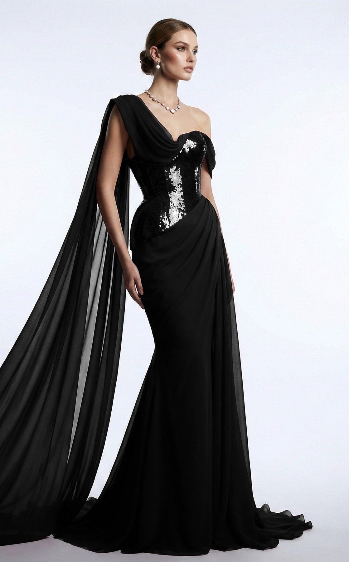 MNM COUTURE F03017 - Asymmetrical Neck Draped Evening Gown