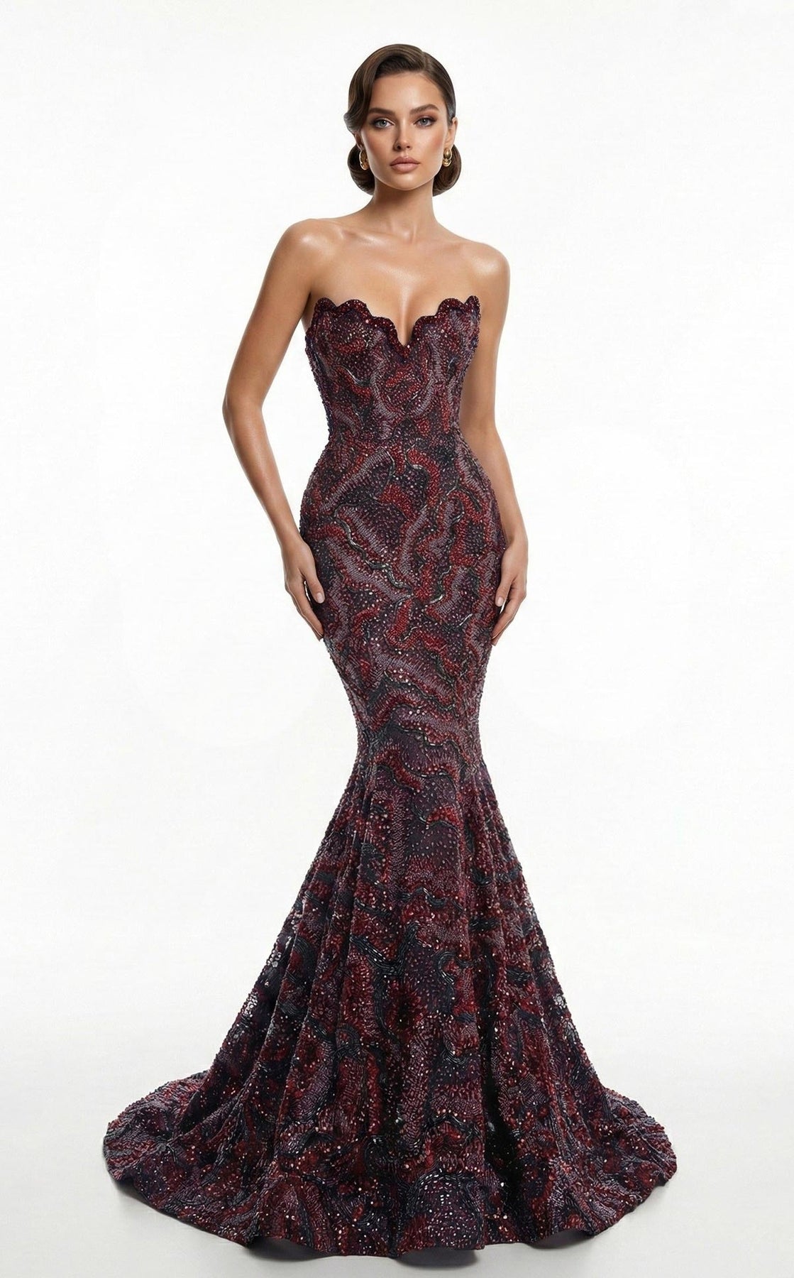 MNM COUTURE F03018 - Scalloped Sweetheart Intricate Beaded Evening Gown
