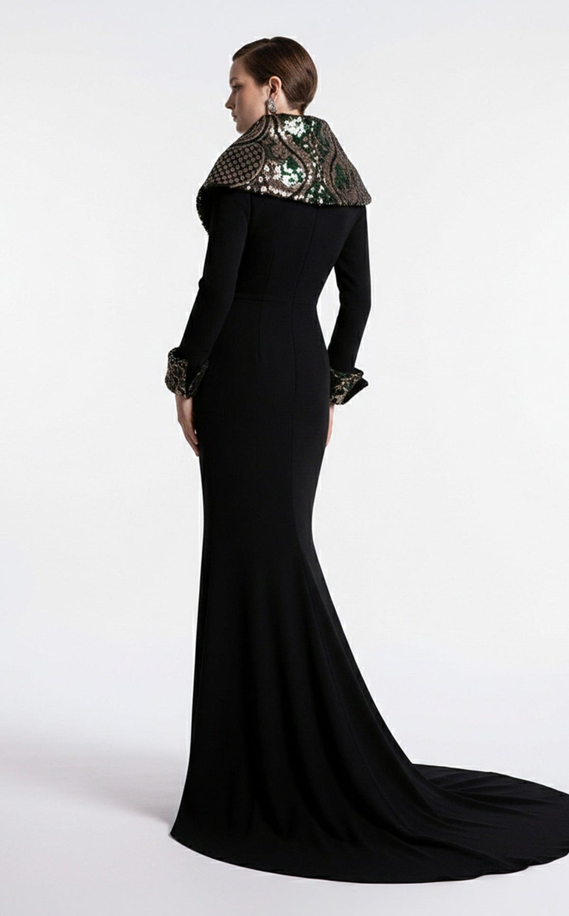 MNM COUTURE F03019 - Long Sleeve Shimmer Embellished Evening Gown